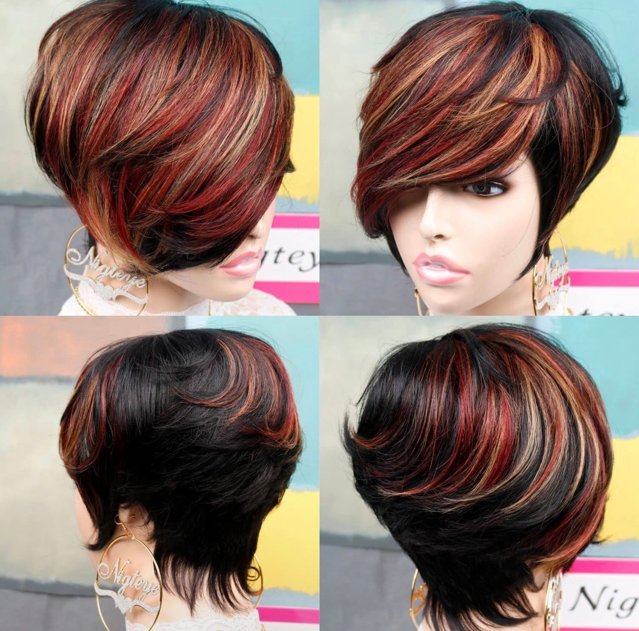Short pixie cut human hair wigs glueless side part layered colorful human hair w