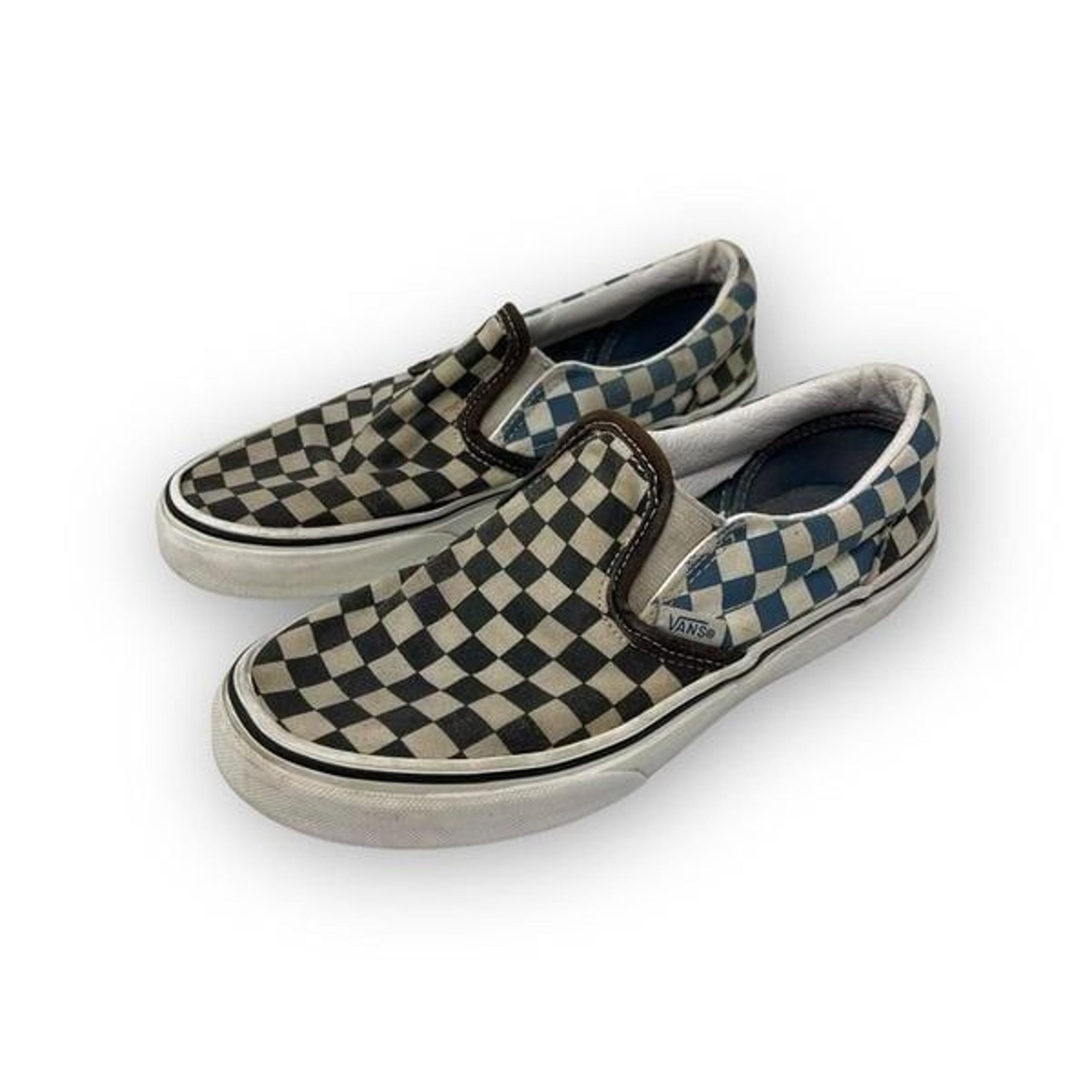 Vans Classic Checkerboard Blue Black White Slip On Shoes Kids Youth Size 3.5