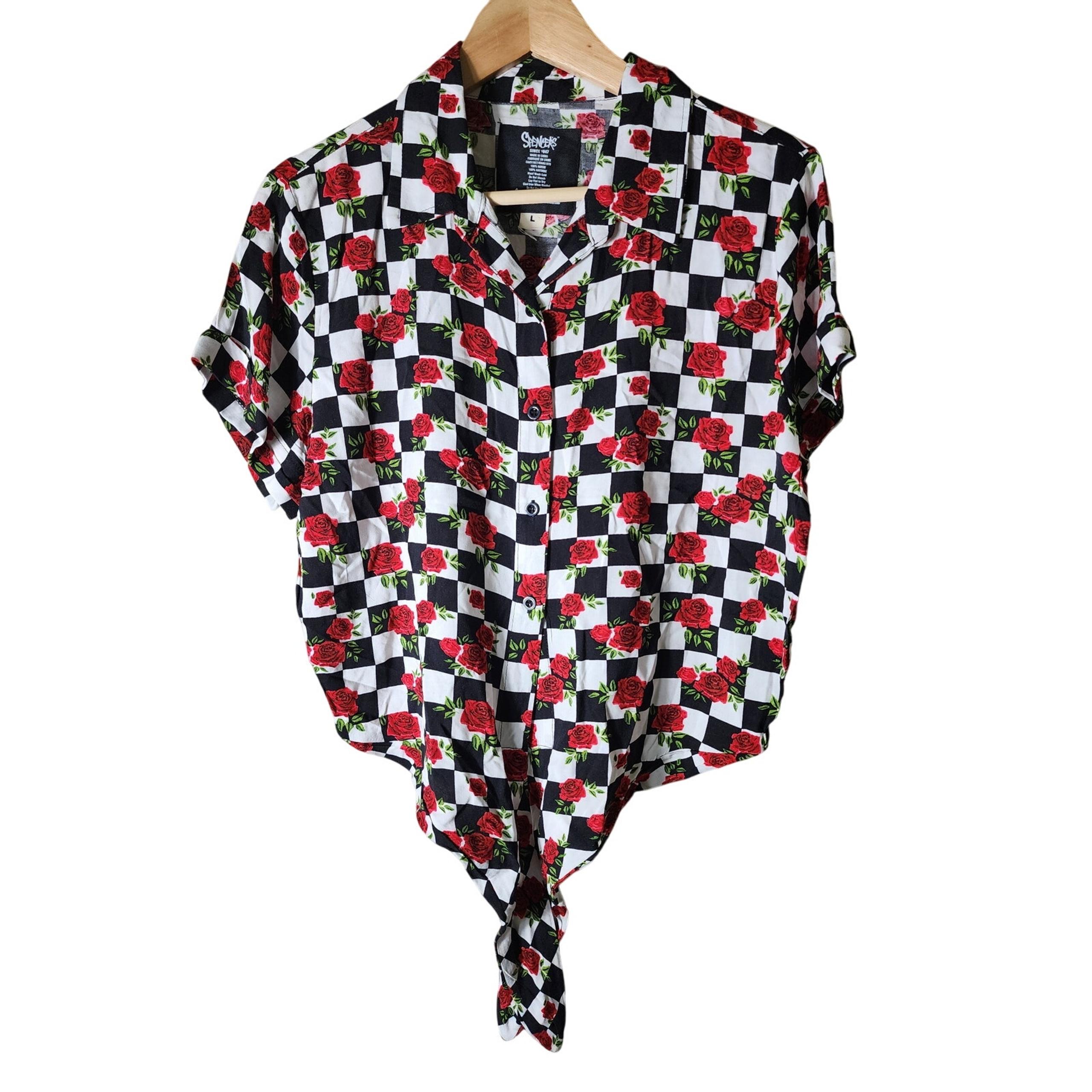 SPENCERS Checkered Red Rose Button Down Front Tie Crop Shirt SZ L