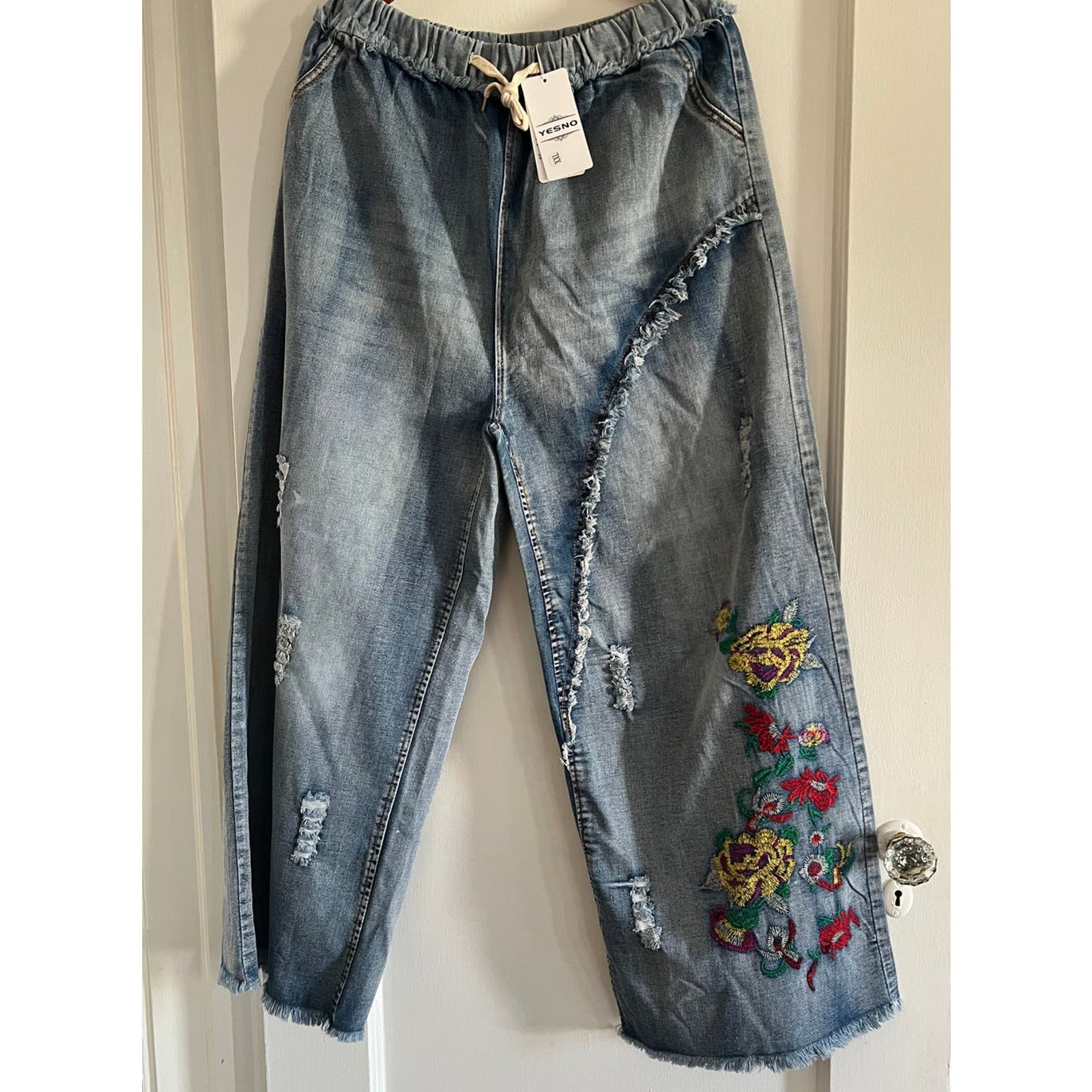 NWT YESNO Women's Casual Cropped Pants Loose BOHO Floral Jeans, XXL
