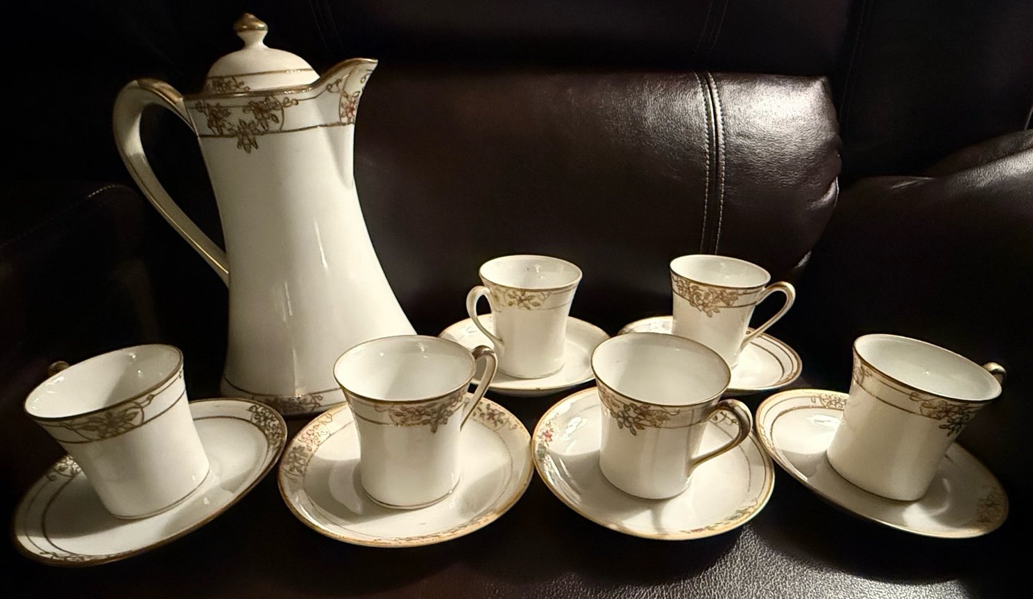 Antique 1920s Nippon Noritake Gold Glint Chocolate Pot with 6 Cup and Saucer Set