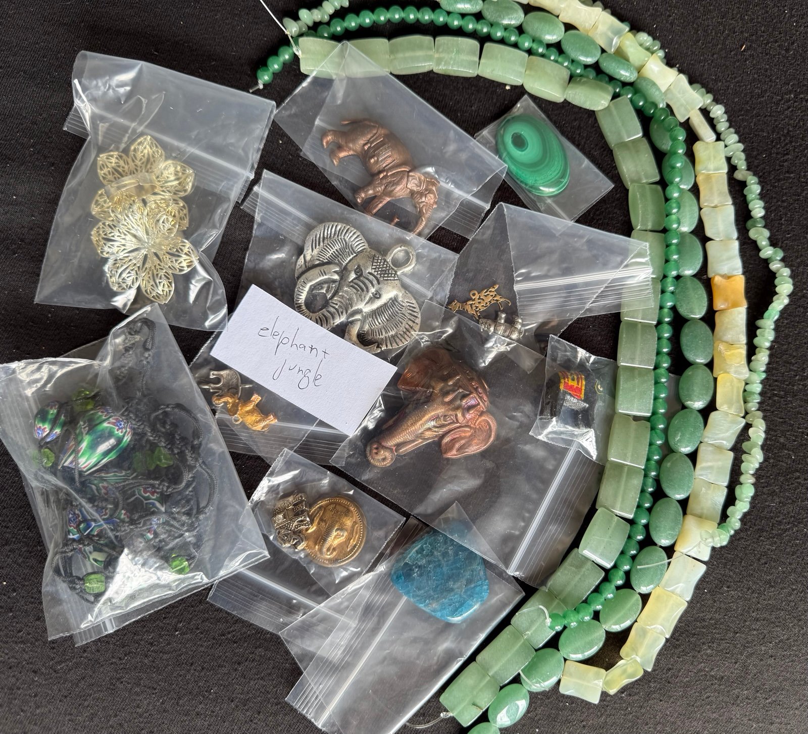 Elephant jungle bead lot with malachite & apatite