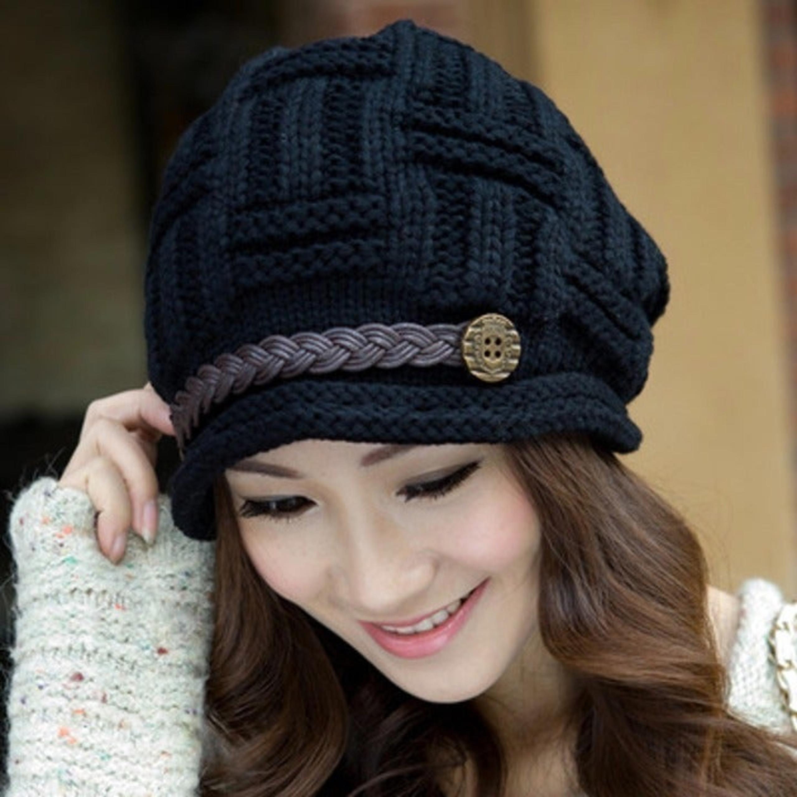 Cute Winter Knitted Button Braided Strap Ski Cap Beanie Hat
