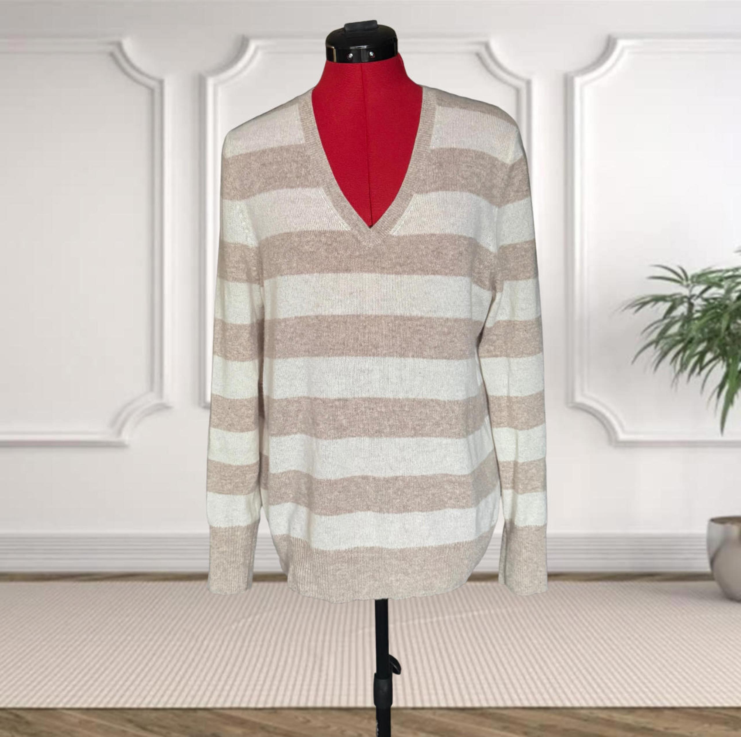 Only Mine 100% 2-Ply Cashmere Striped V-Neck Sweater Size XL
