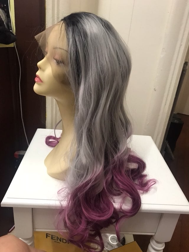 Gray/purple Ombré Human Hair Blend Wig