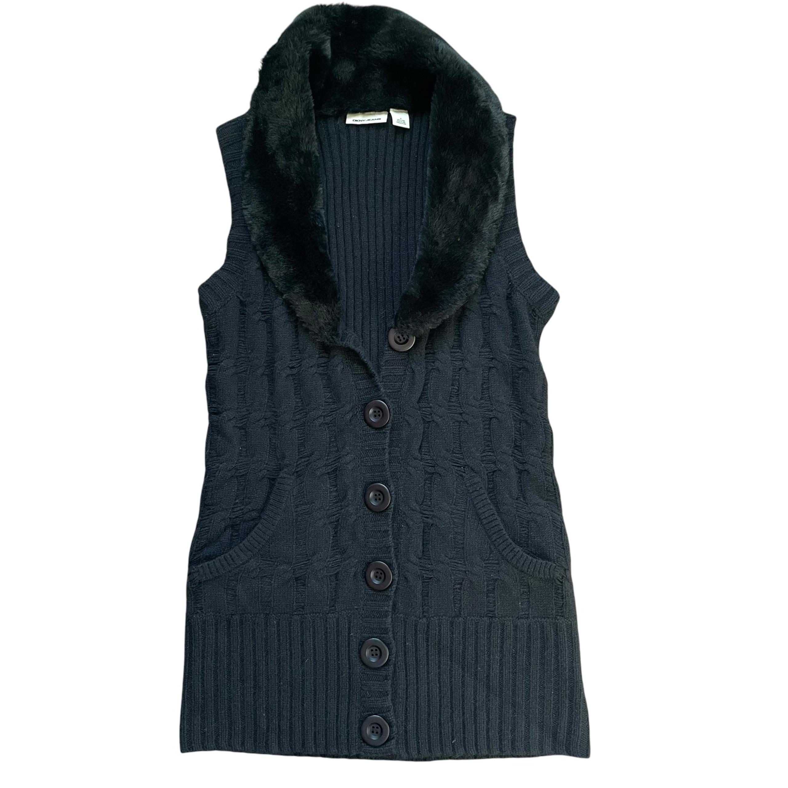 Women’s Black Lambswool & Angora Rabbit Cable Knit Vest Size Medium - DKNY