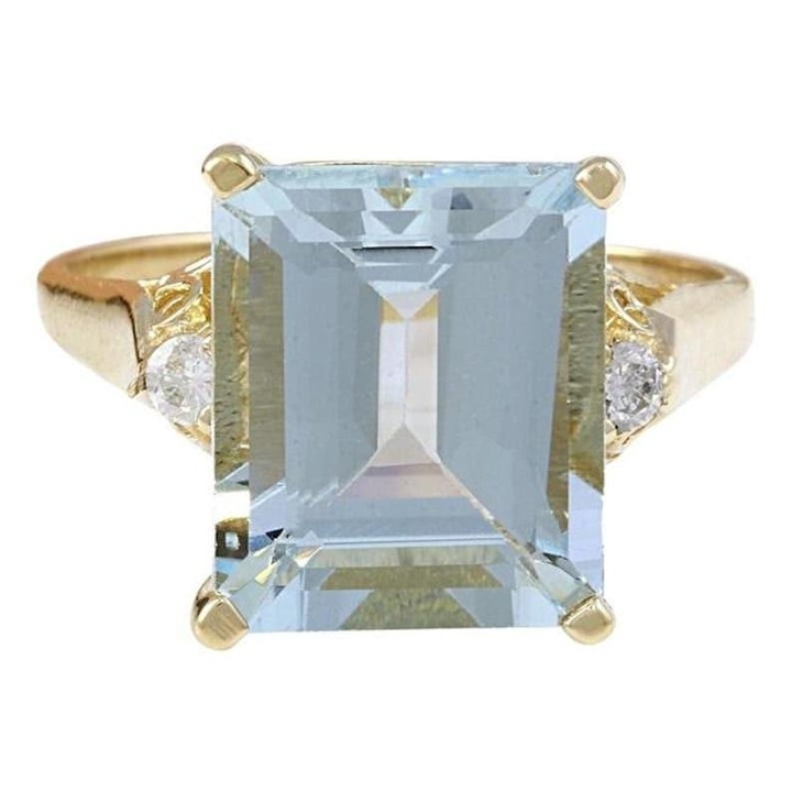 Solid 14K Yellow Gold Blue6.90Ct Natural Emerald Cut Sky Blue Topaz & Diamond