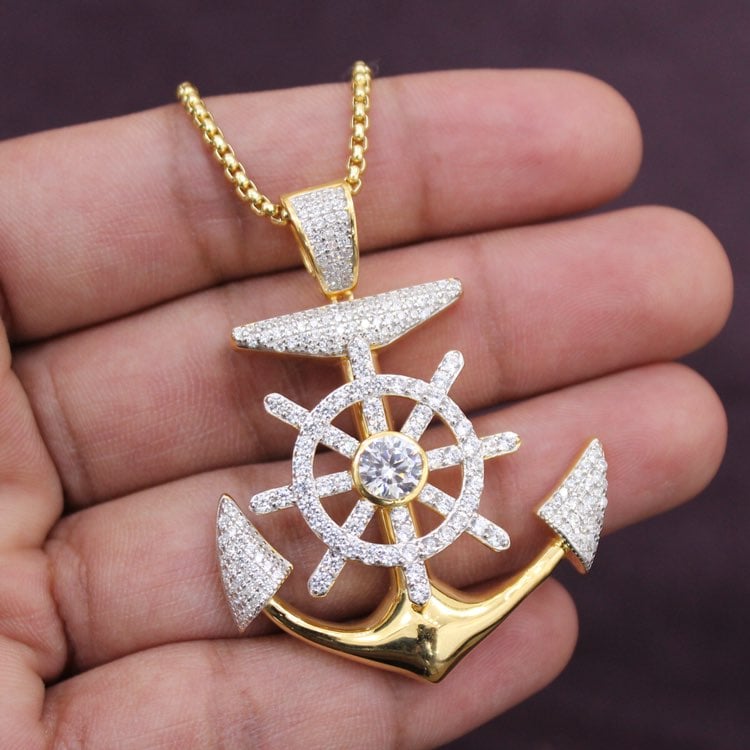 Ship Anchor Wheel IcedOut Pendant