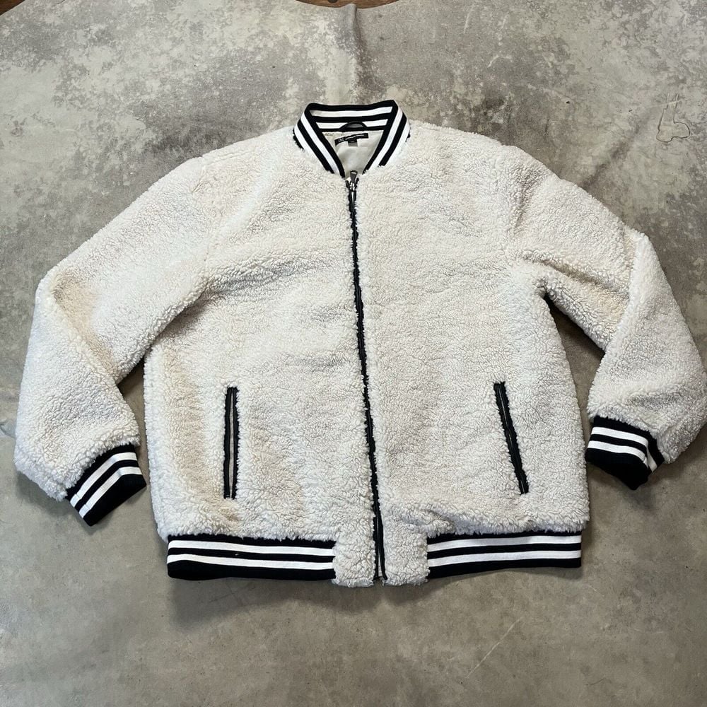 I.N.C. International Concepts Jacket Mens XXL Ivory Fleece Zip-Front Varsity