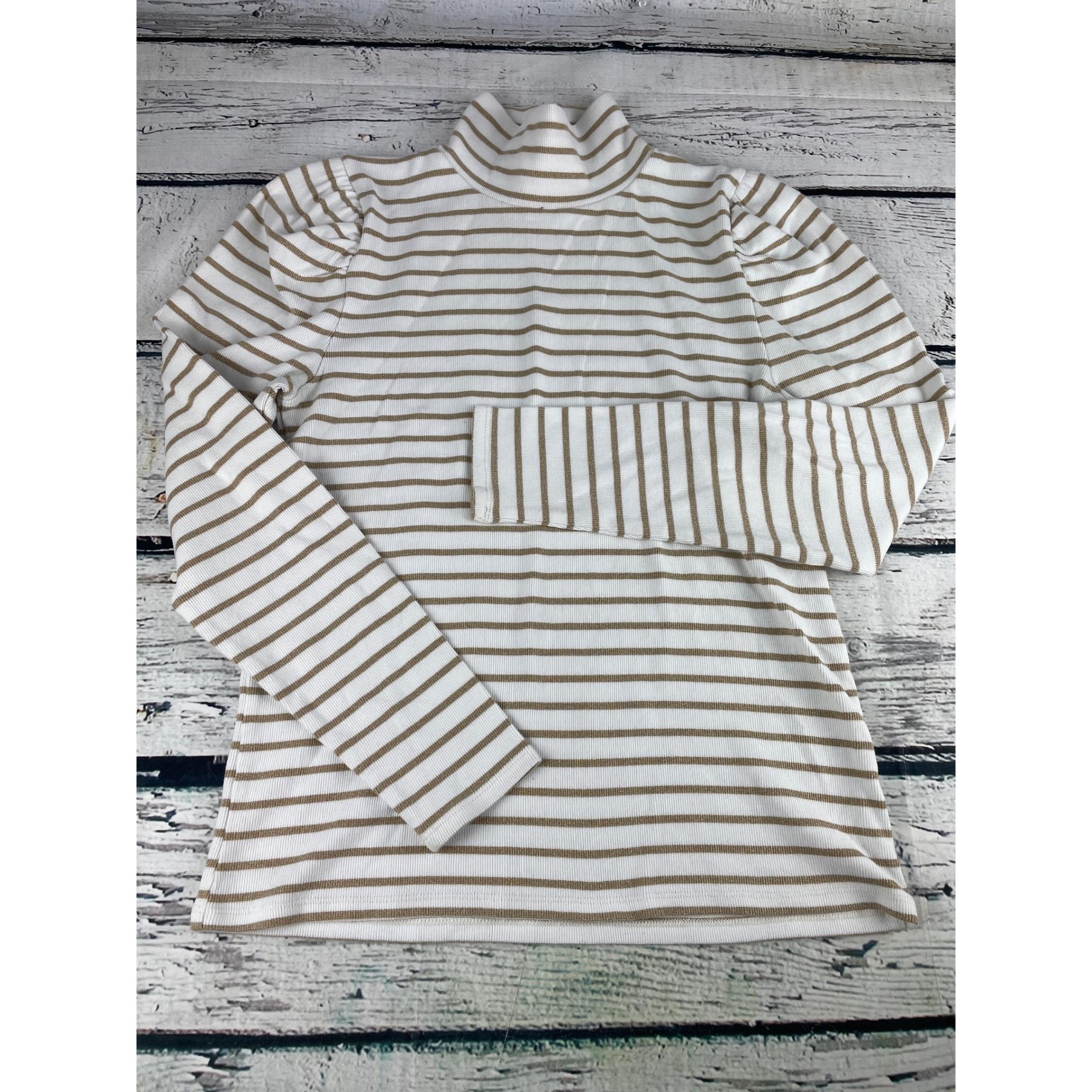 J.Crew Striped Turtleneck Top Puff Sleeve Ribbed Knit Casual Beige Women's Lrg