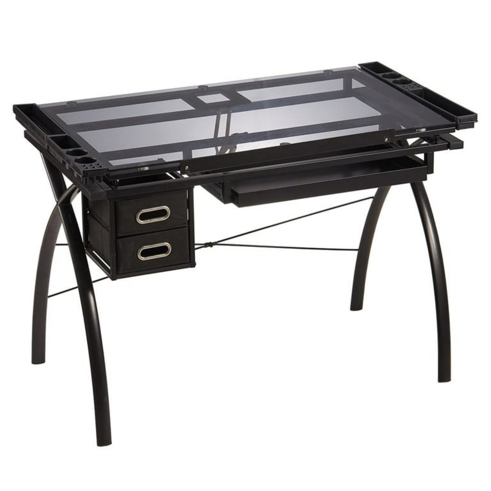 Adjustable Drafting Table, X-Cross Glass Top Drawing Table Art Desk, Black