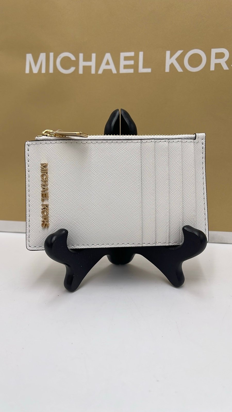 MICHAEL KORS Jet Set Travel Medium Top Zip Leather Card Case Optic White NWT