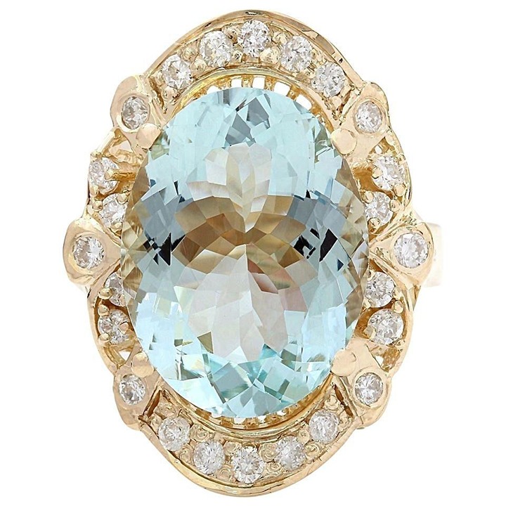 6.10Ct Natural Oval Aquamarine & Diamond Halo Solitaire Ring 14k Yellow Gold