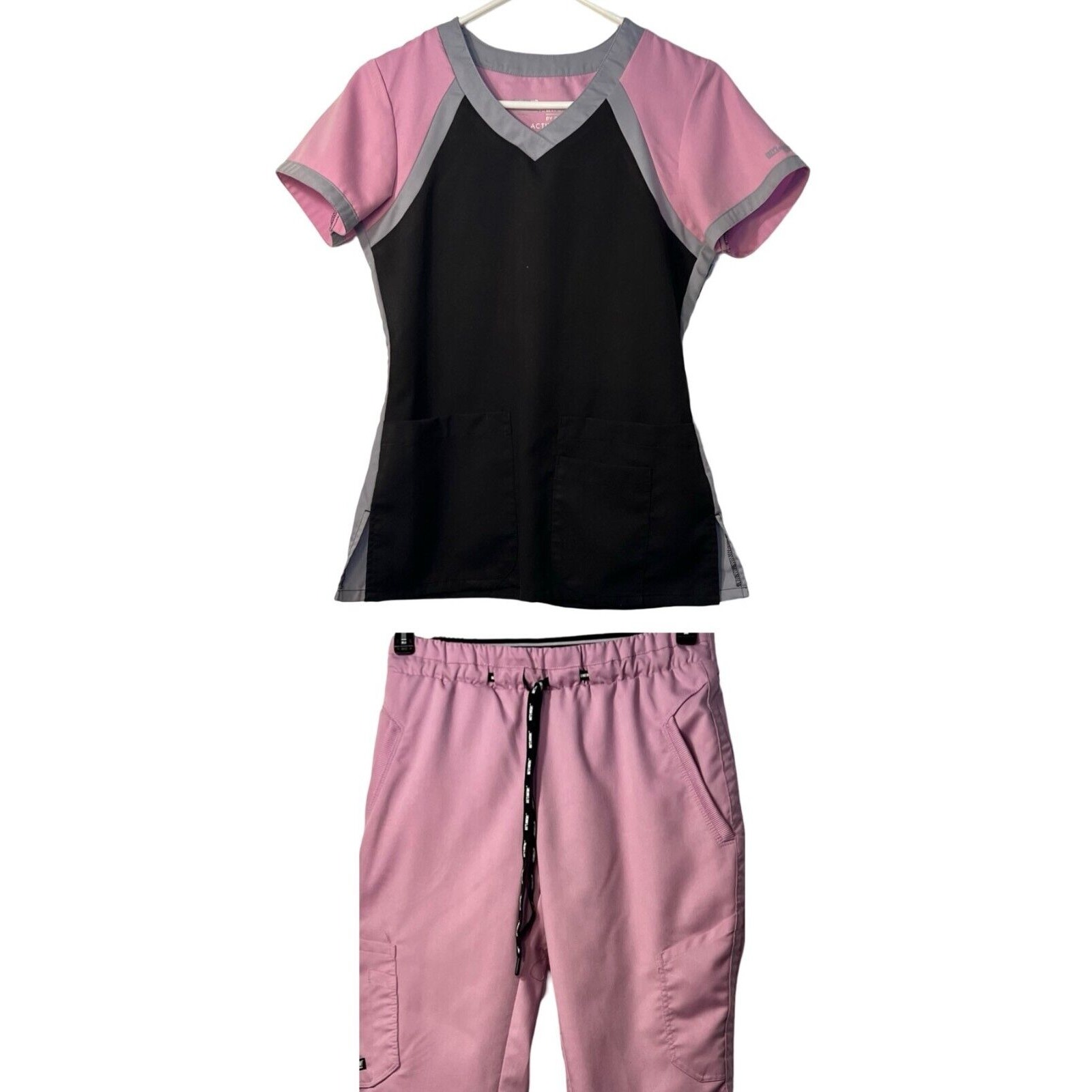 Greys Anatomy Scrubs Pink Black Active Set XS Top XSP Bottom Pockets Medical