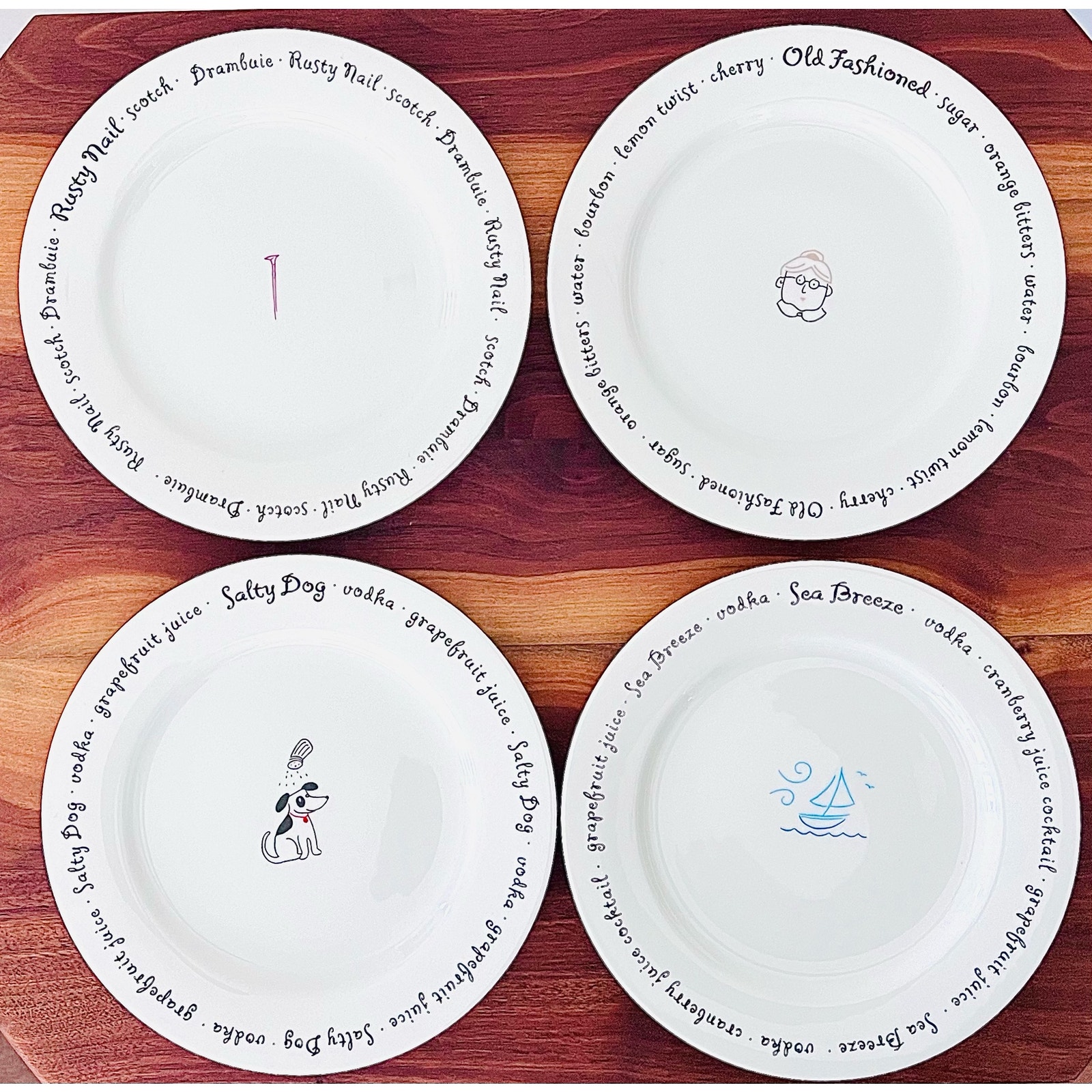 Pottery Barn Lingo Plates Rusty Nail Salty Dog Old Fashioned Sea Breeze