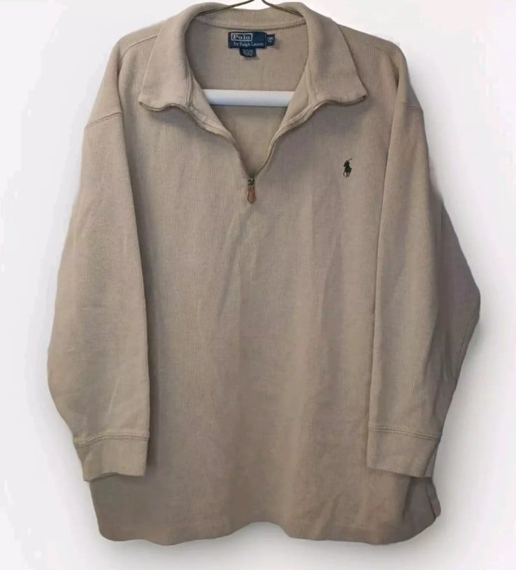 Vtg 90s Polo Ralph Lauren Qtr Zip Sweater Men 2X Preppy Pony Logo Ribbed Beige