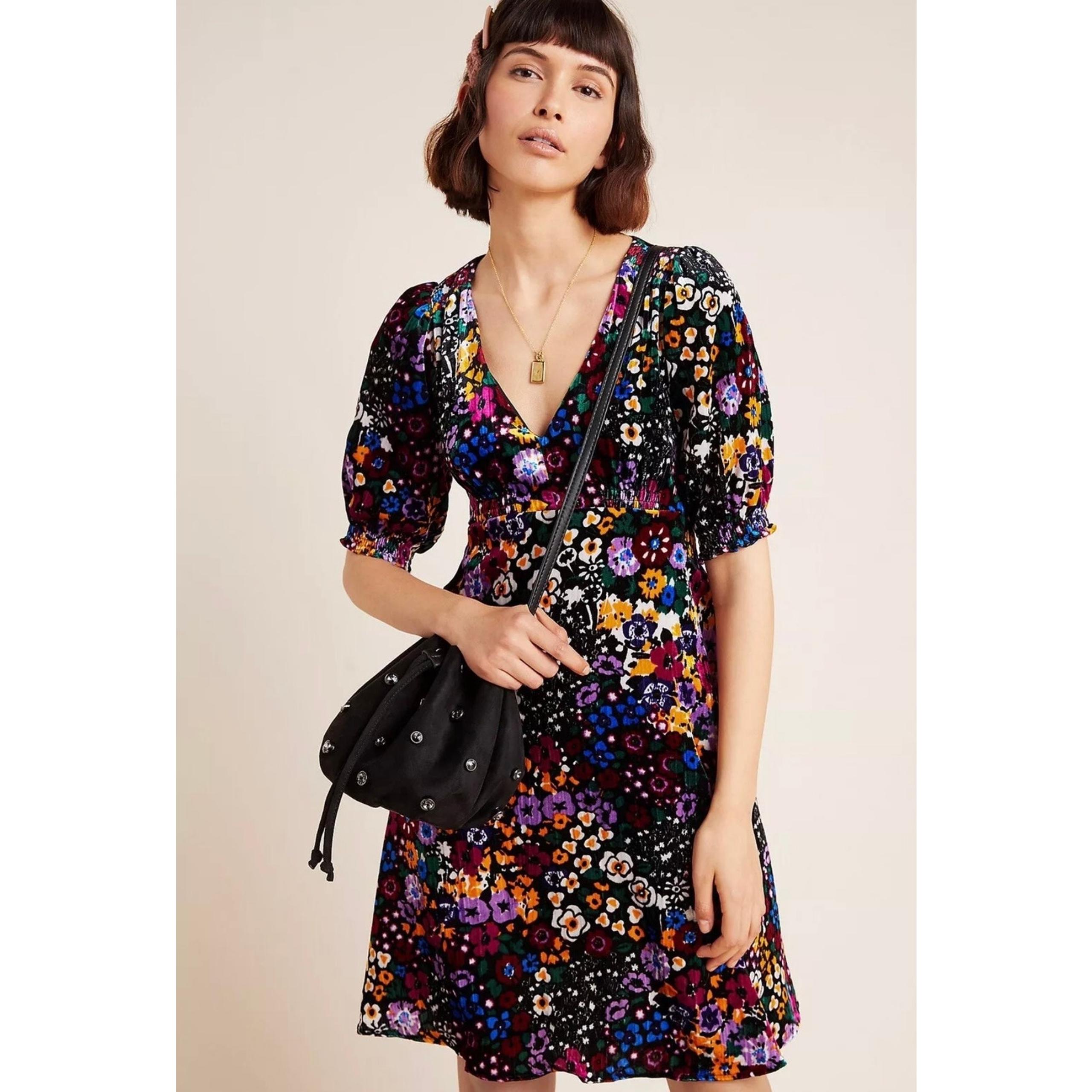 ANTHROPOLOGIE Francie Multicolor Floral Velvet Mini Dress Puff Sleeve Fairy Sz 2