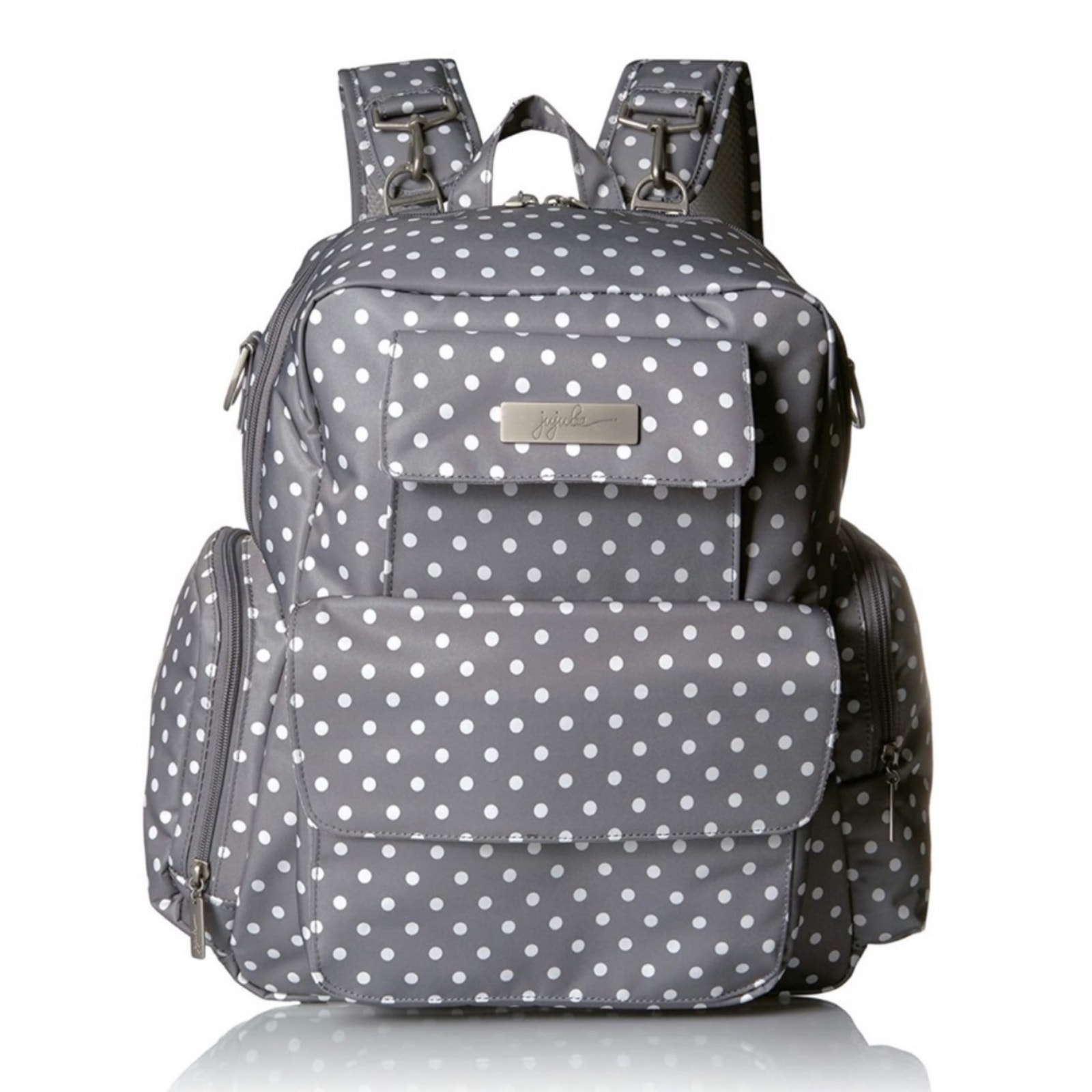 JuJuBe Nurtured Large Breast Pump Backpack Diaper Baby Bag Polka Dot Gray White