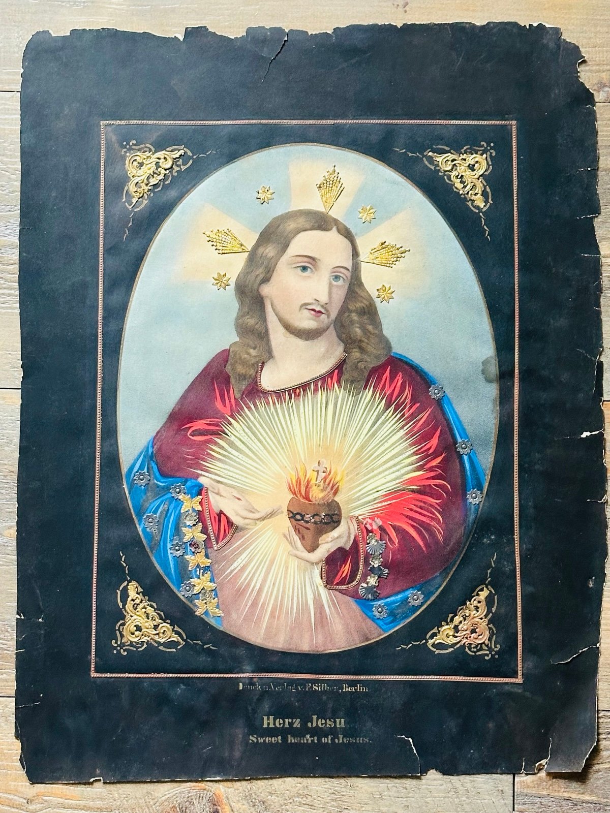 1800 Religious Lithograph F.Silbir. Druck & Verlag Berlin Sweet Heart of Jesus
