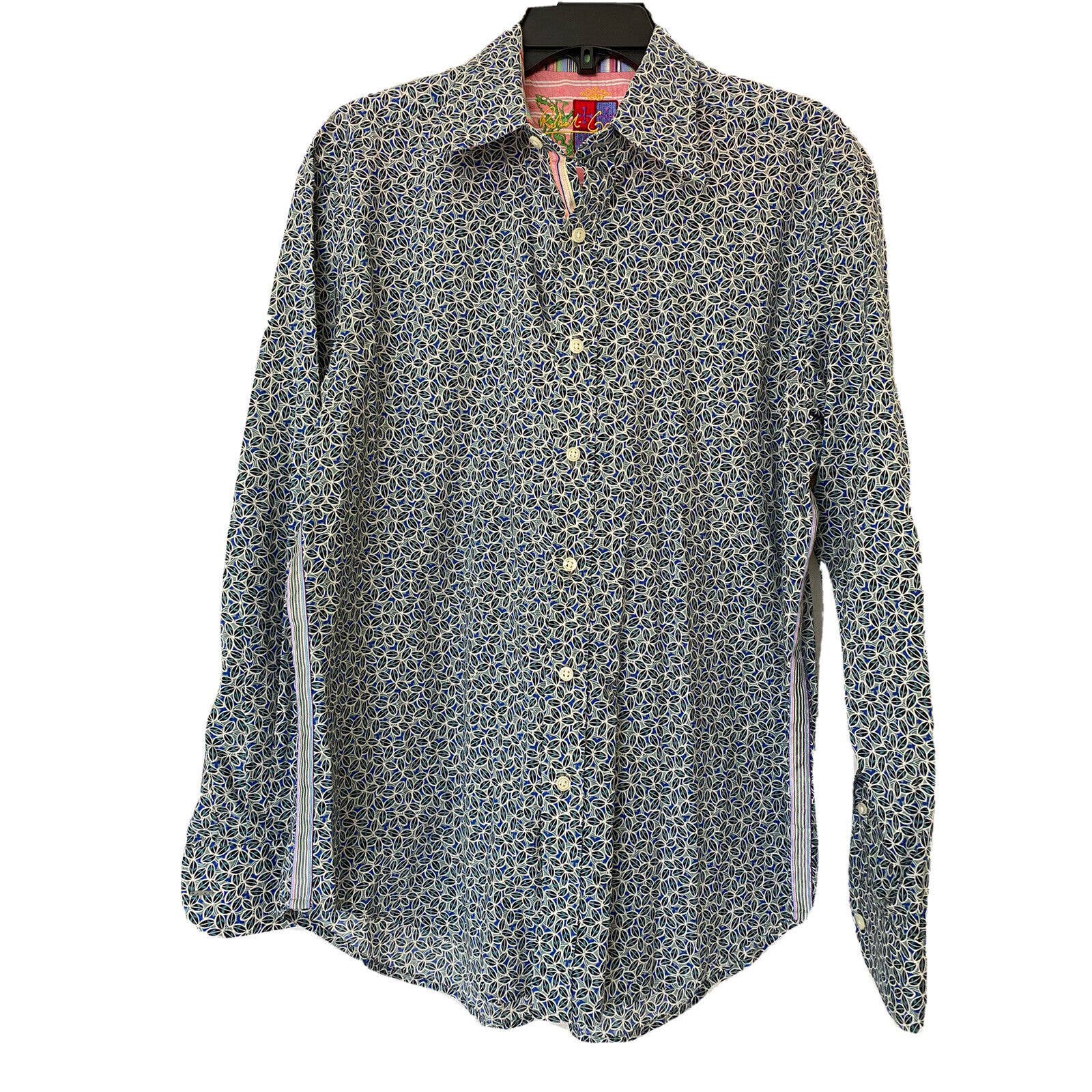 Robert Graham Shirt Button Down Long Sleeve Green Leaf Floral Blue Cotton L