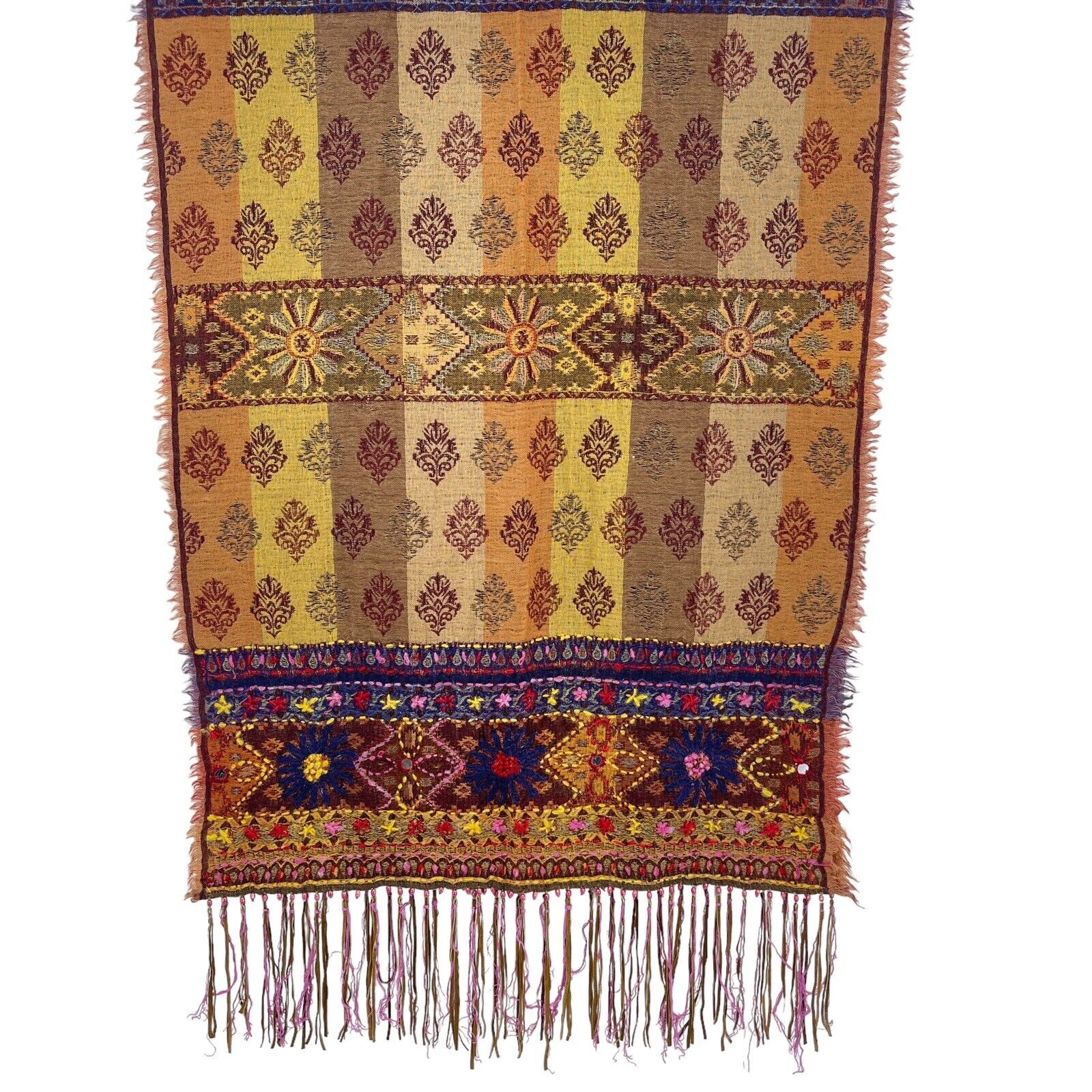 Free People Floral Embroidered Fringe Scarf Wrap Indian Jamawar Stole 27” X 70”