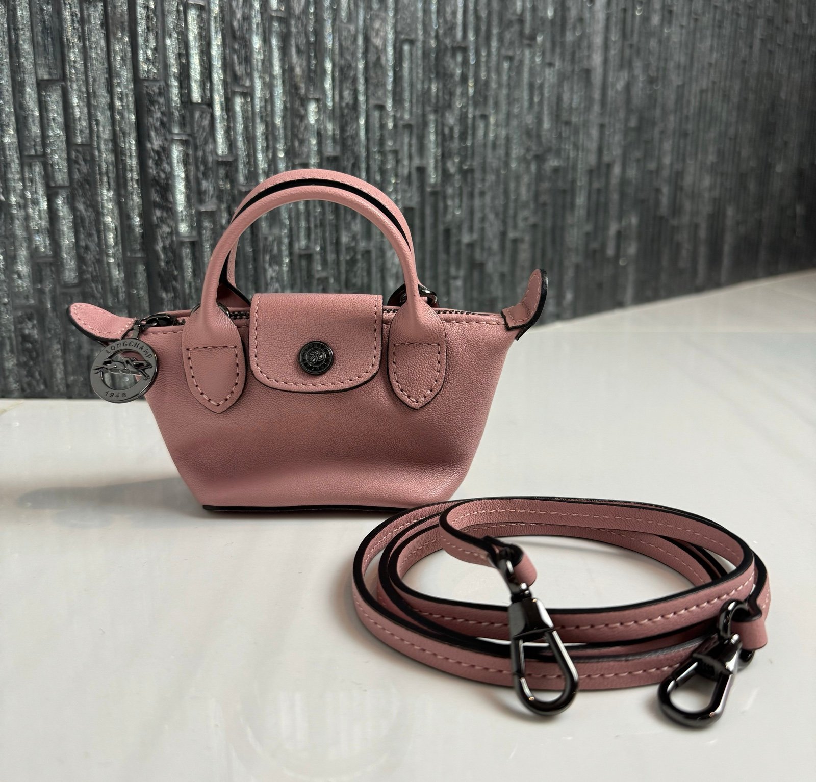 Longchamp Pink Le Pliage Le Cuir Micro Leather Crossbody Bag