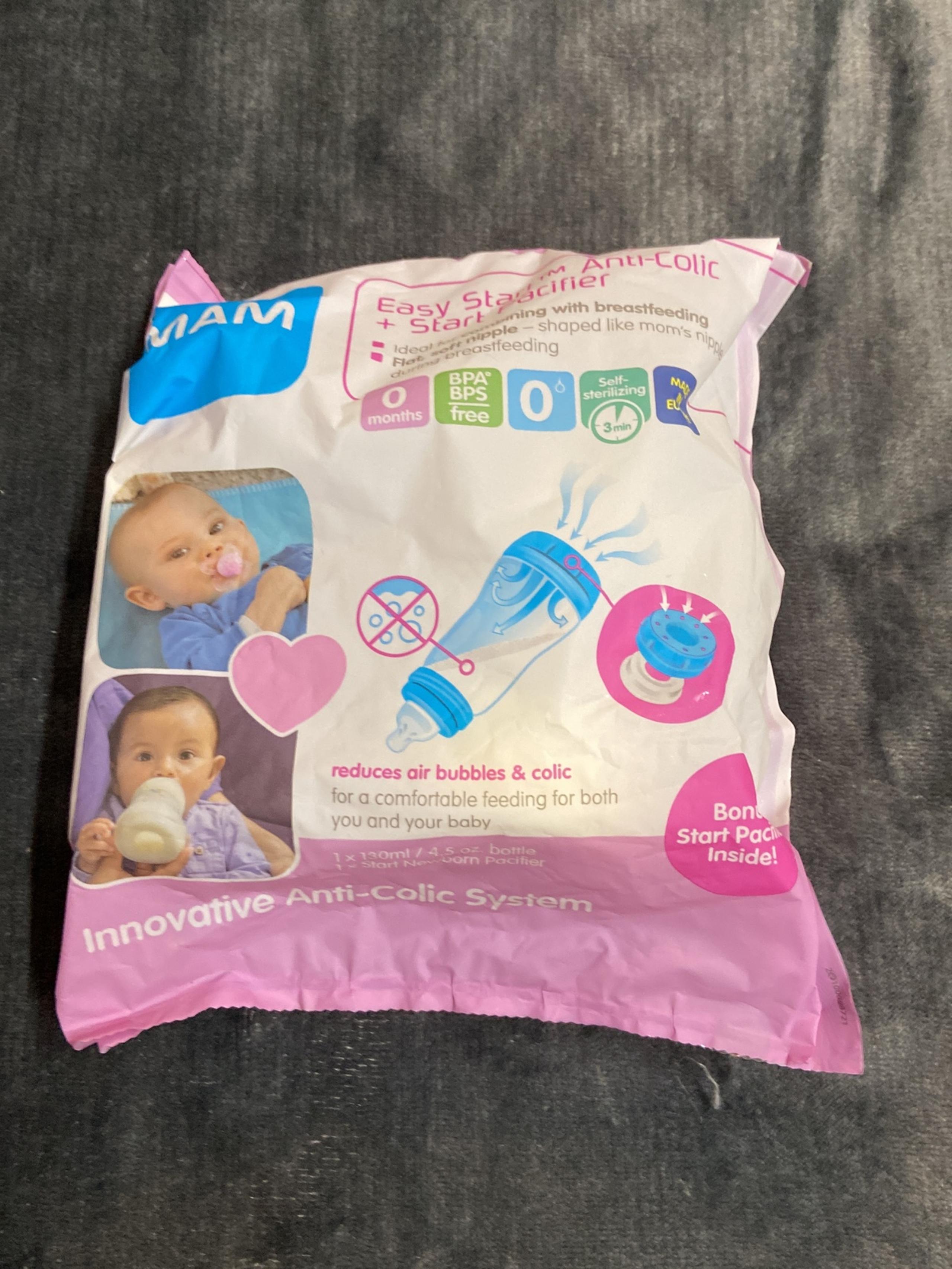 MAM 0 month easy start anti colic baby bottle w/ bonus pacifiers