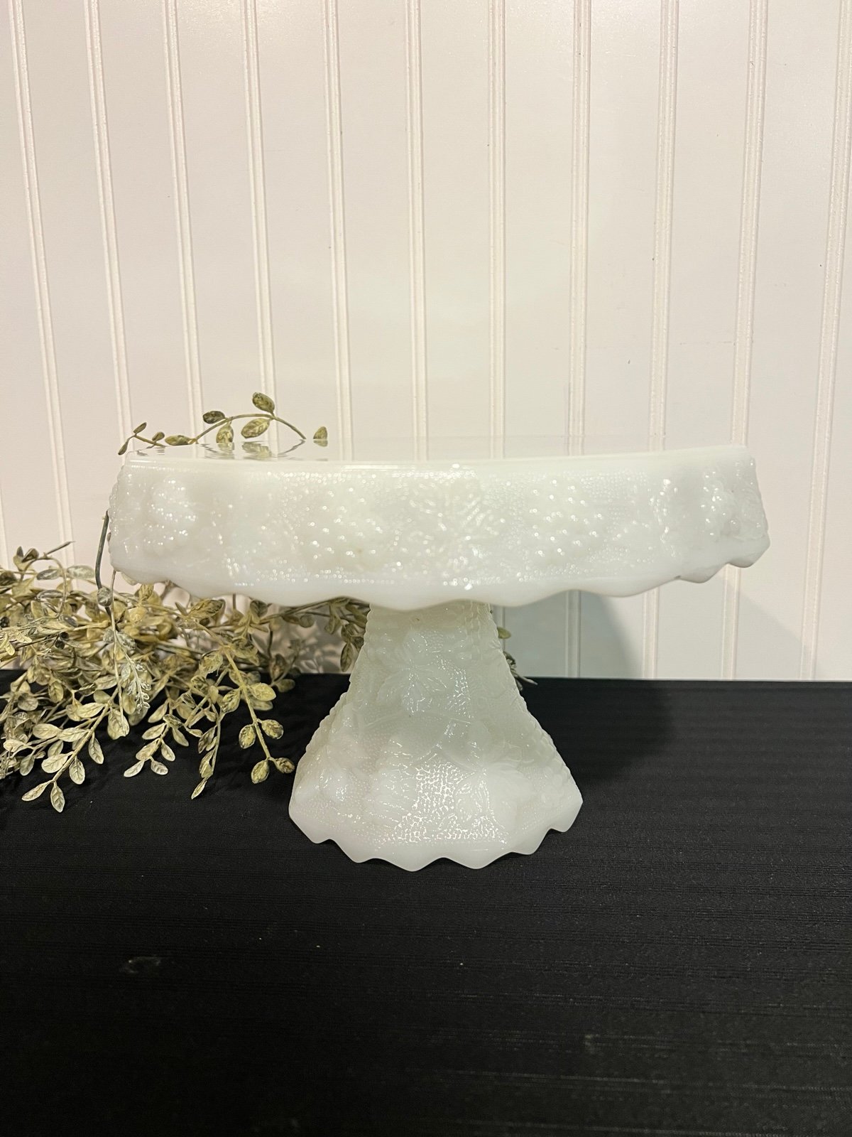 Vintage Grapevine MilkGlass 10 Cake Plate Pedestal Stand Footed Plate - Milk Gl