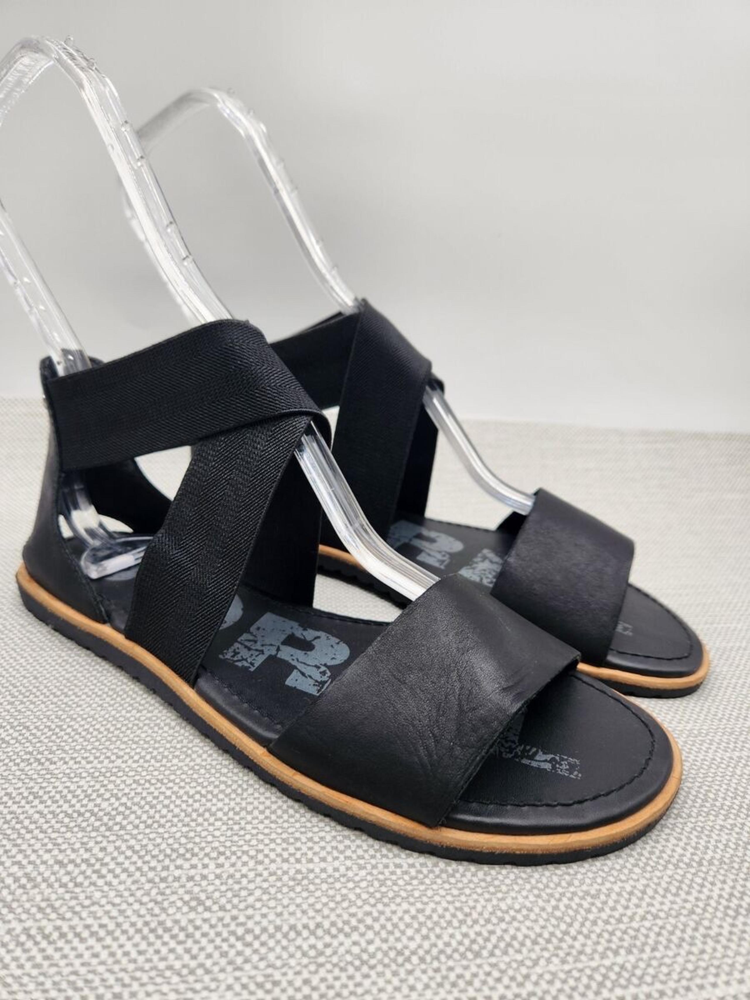 Sorel Ella II Black Leather Criss Cross Elastic Straps Flat Sandals 6