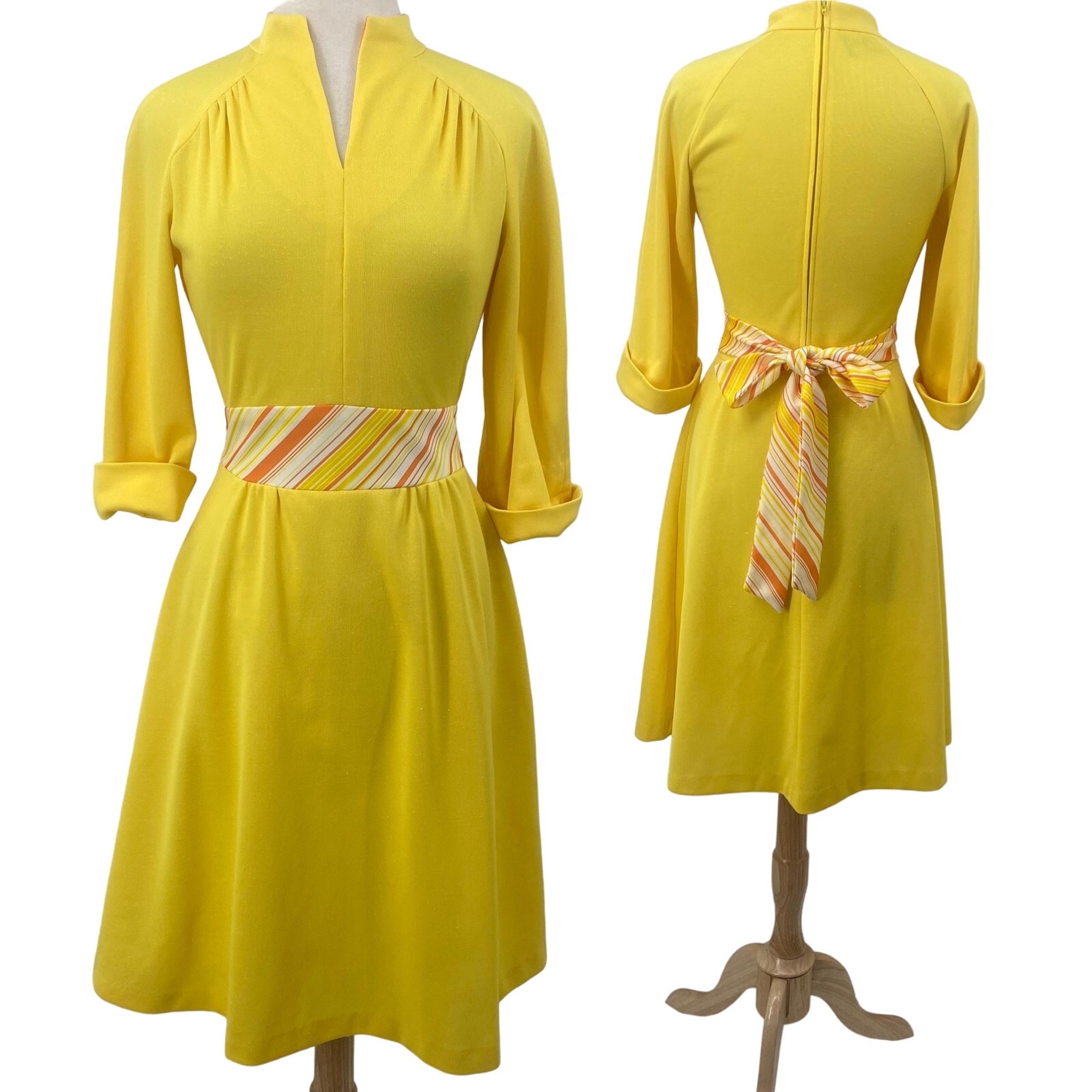 Vintage 70s Fit & Flare Dress Striped Tie Back Belted Waist Midi Yellow Womens 6