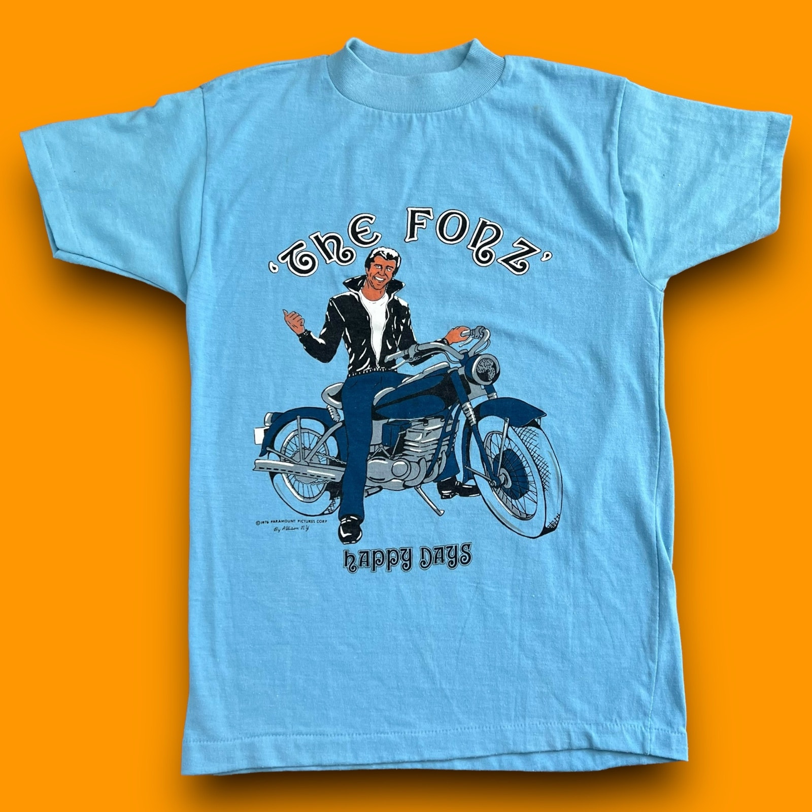 Vintage 1976 Happy Days Fonzie Motorcycle T-Shirt Size Adult Small Youth XL Blue