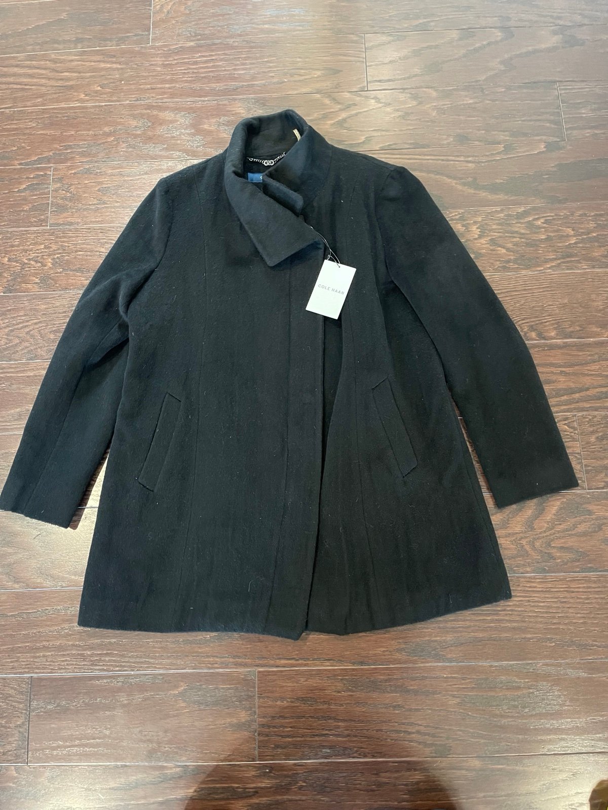 Cole Haan Jacket Women Size 12 Black Wool Blend Zippered / Button Coat NEW
