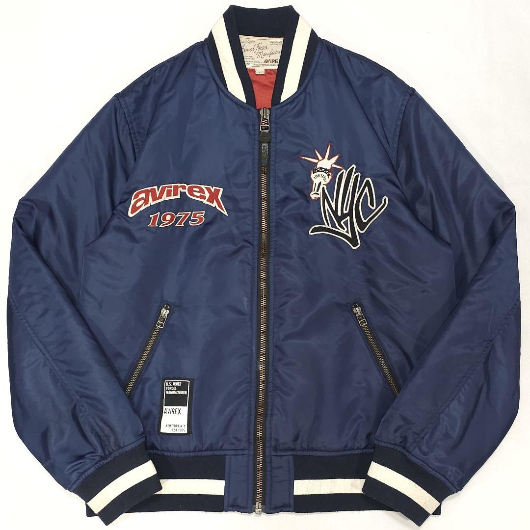AVIREX Nylon Varsity Jacket Award Jacket Bomber Star-Spangled Banner Navy Blue