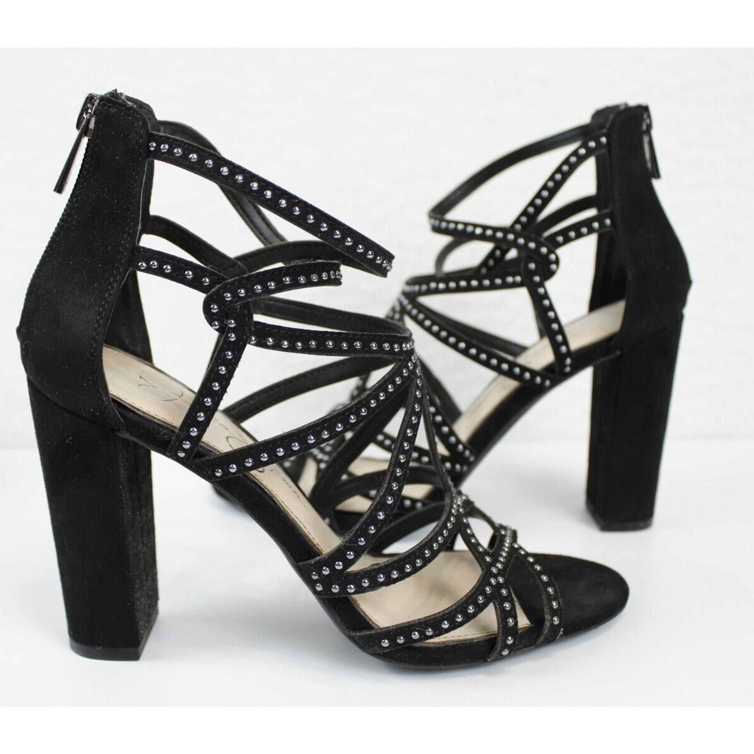 Jessica Simpson Emmi Studded Black Faux Suede Sandals Block 4in Heel Women 7 M