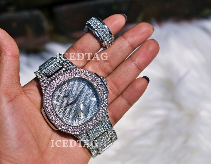 Iced Out Red Face Watch, Red Ruby Ring