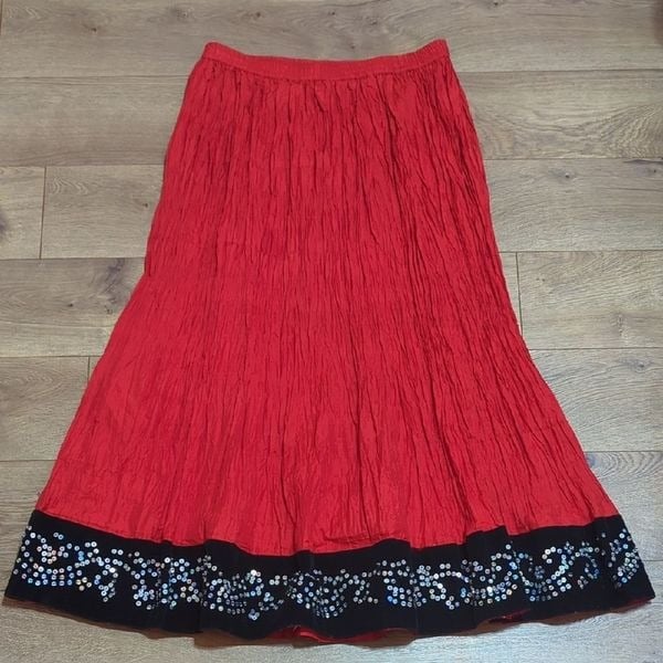 Zashi Crinkled Silk Blend Passion Red Gypsy Boho Long Velvet Sequin Trim Skirt M