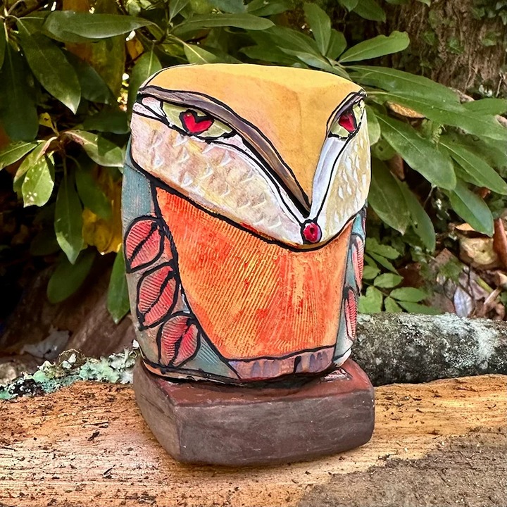 Owl art, figurine, ceramic owl sculpture, whimsical, colorful owl,