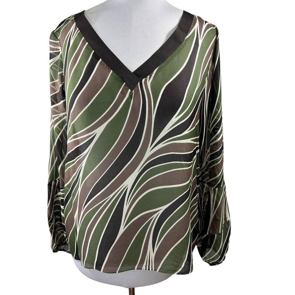 Elie Tahari Women's SZ L Luxury Silk Sheer Patterned Blouse Green Brown White