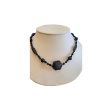 Vintage Jet & Glass Necklace w/ Molded Egyptian Glass Bead Center (A3110)