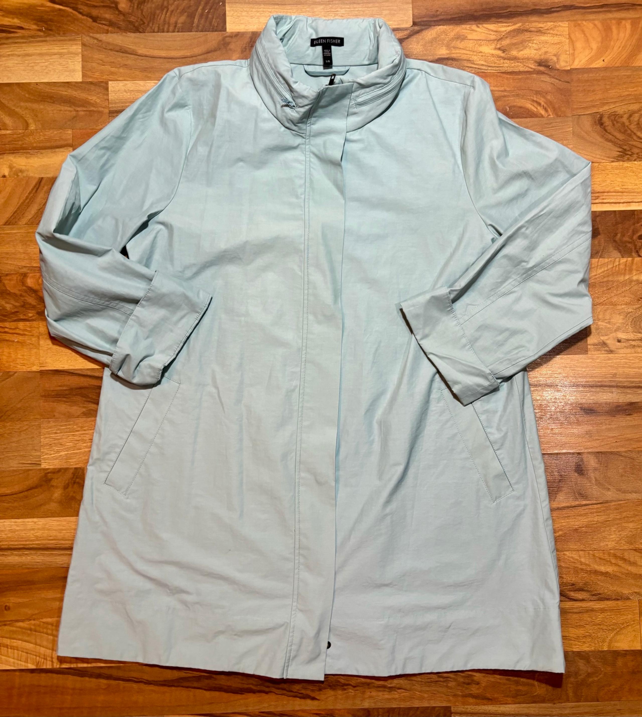 Eileen Fisher Womens Size L Jacket Blue A-Line Lightweight Rain Coat Outdoors