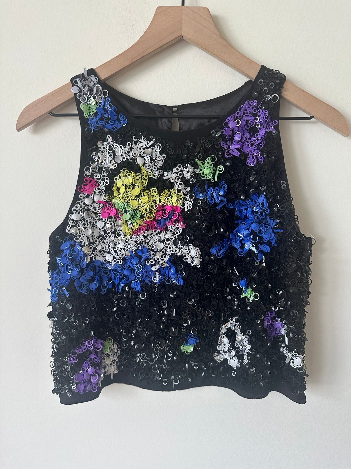 Milly 100% Silk Sequin Black Colorful Crop Tank Top 0