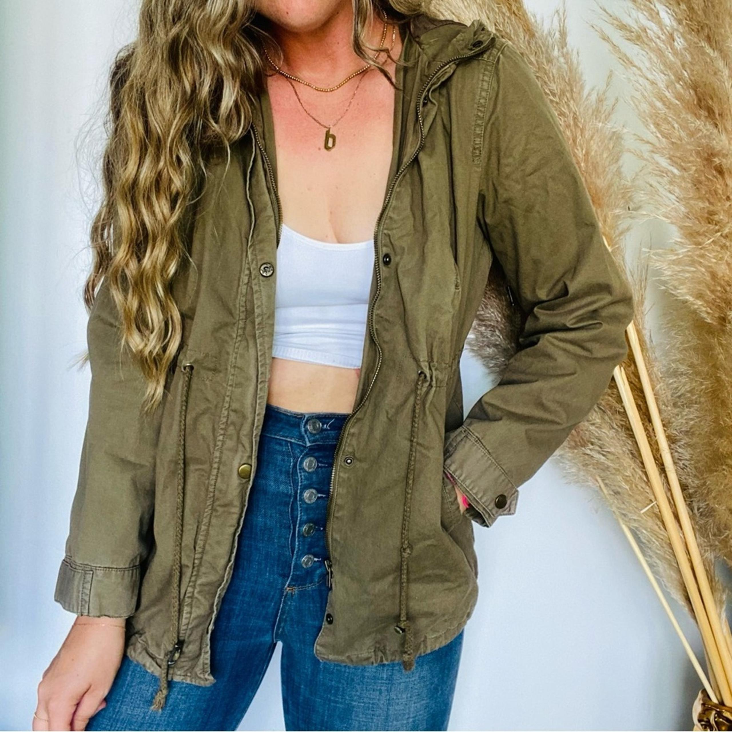 UO URBAN OUTFITTERS Army Olive Green Khaki Anorak Hooded Zip Tie Jacket Coat L