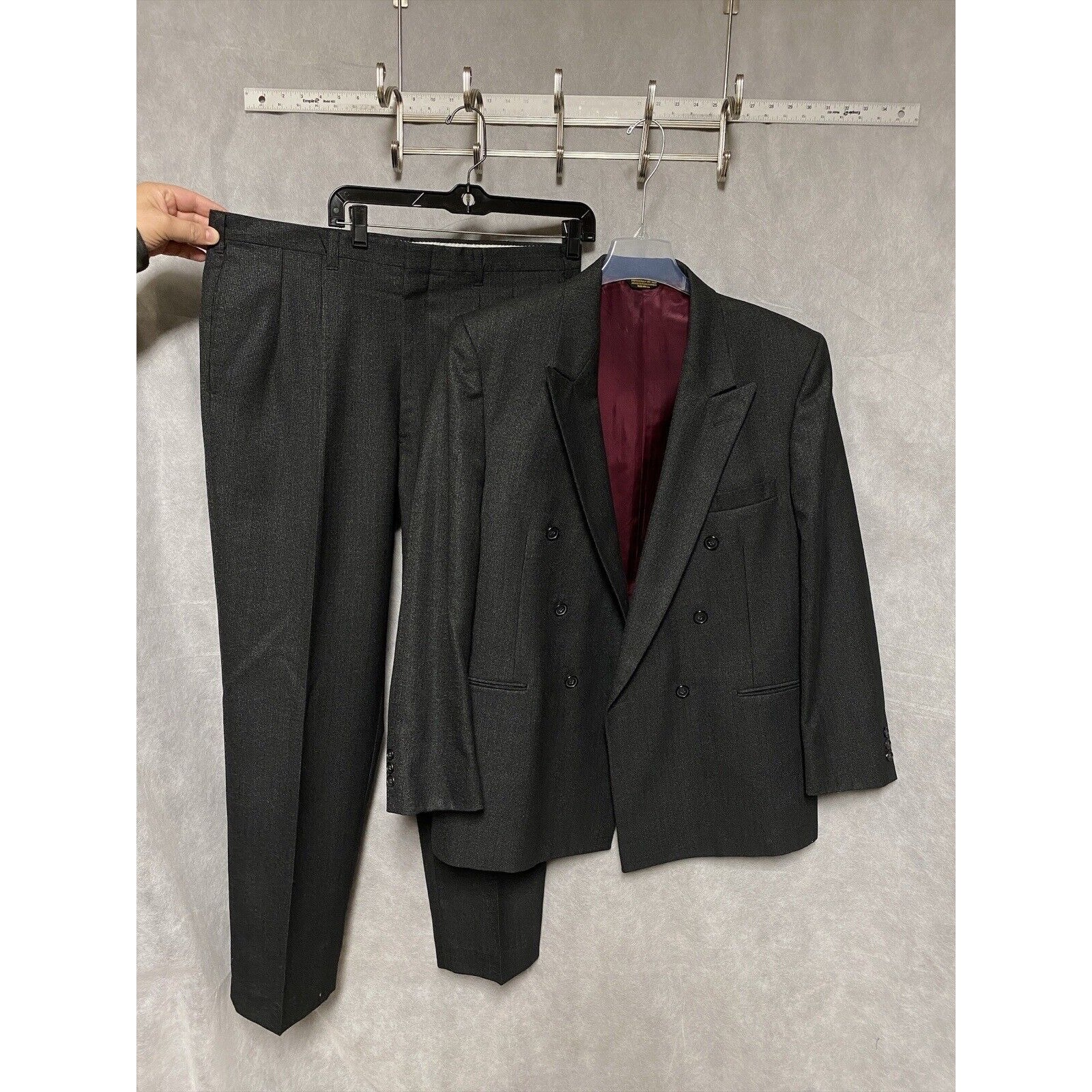 Richman Suit Men 44R Gray Micro Check Double-Breasted Flannel 36X31 Pants Luxury