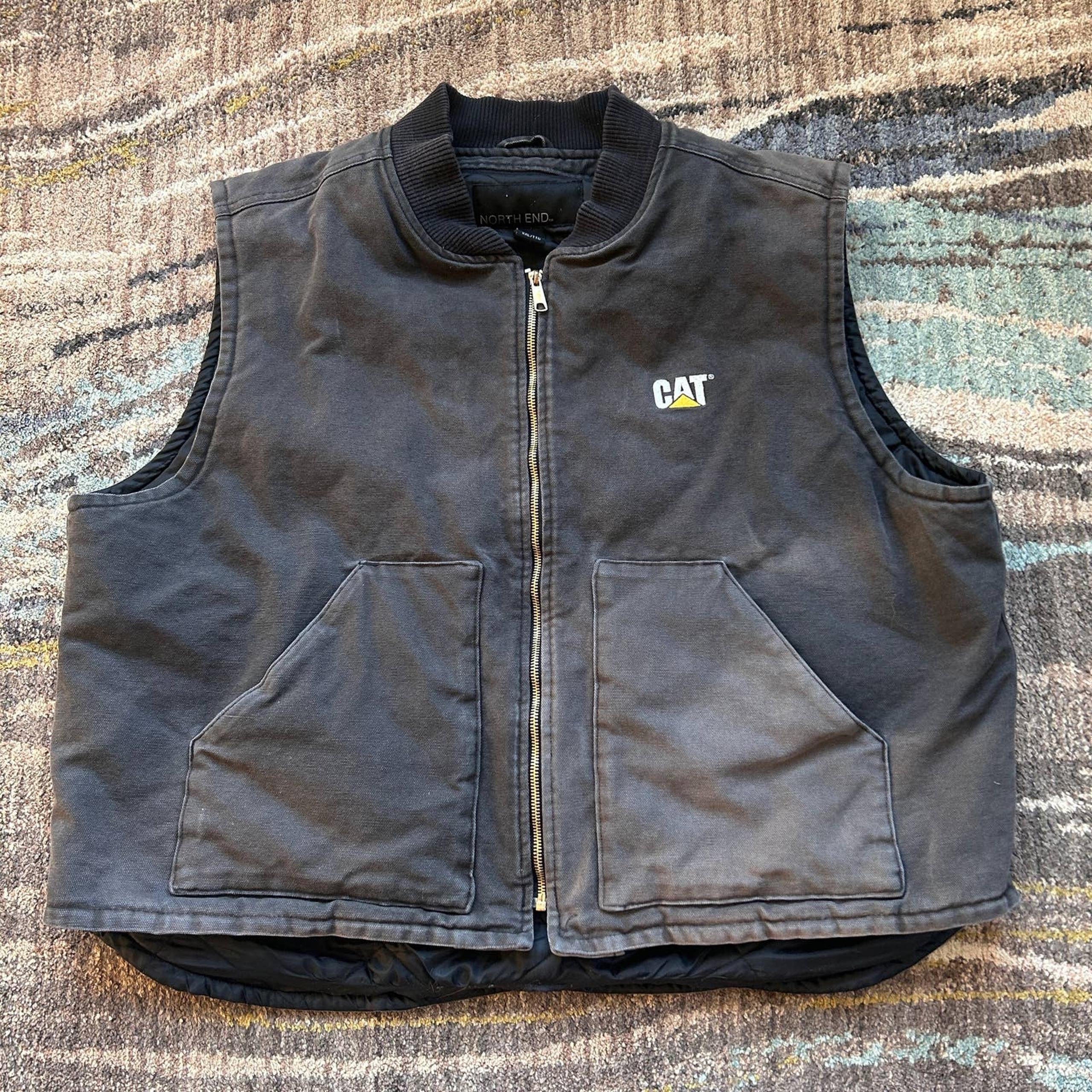 Men's Cat Caterpillar Black Duck Canvas Black Faded Quilted Work Vest Sz 2XL XXL