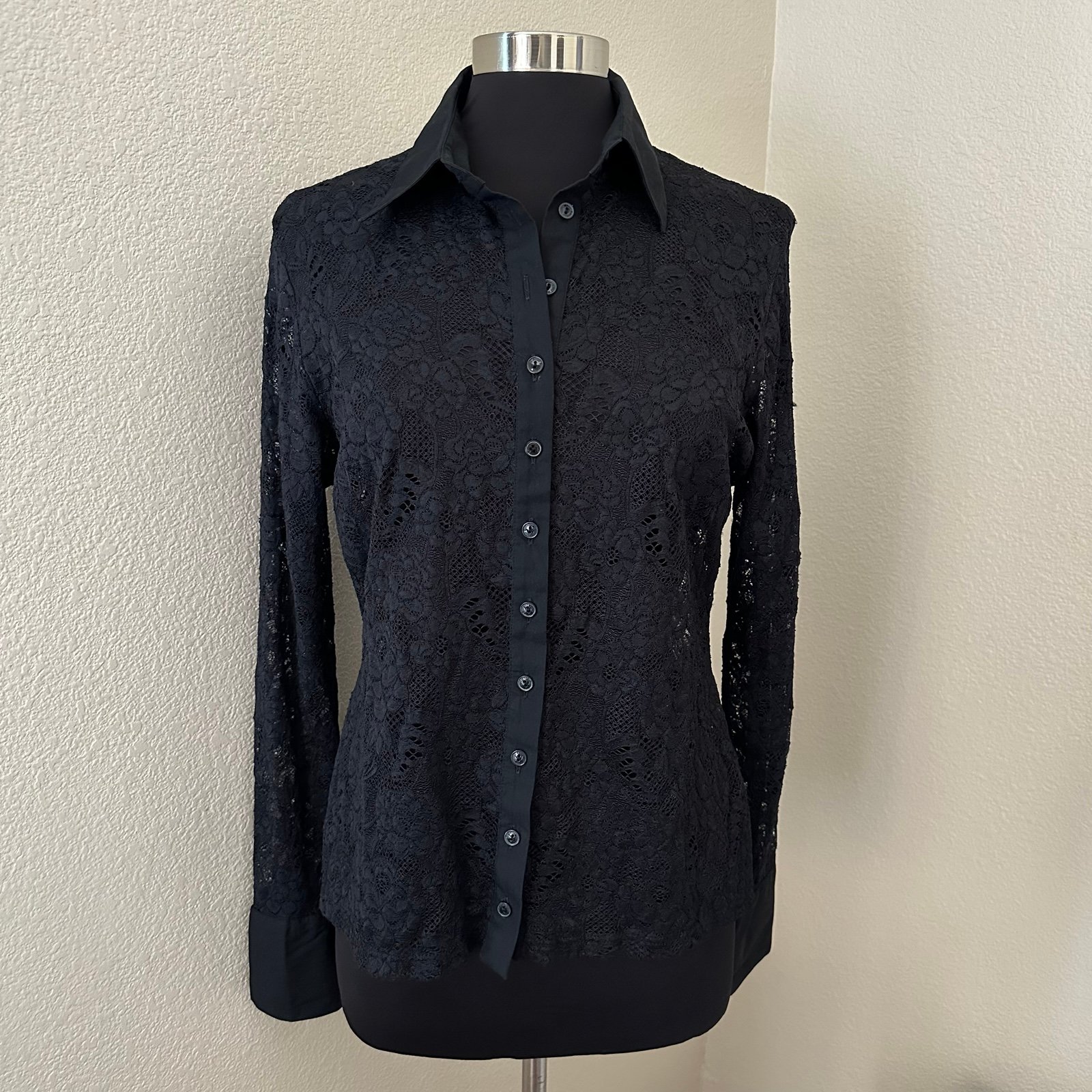 Anne Fontaine Paris Floral Stretch Sheer Lace Button Up Black Shirt Size L