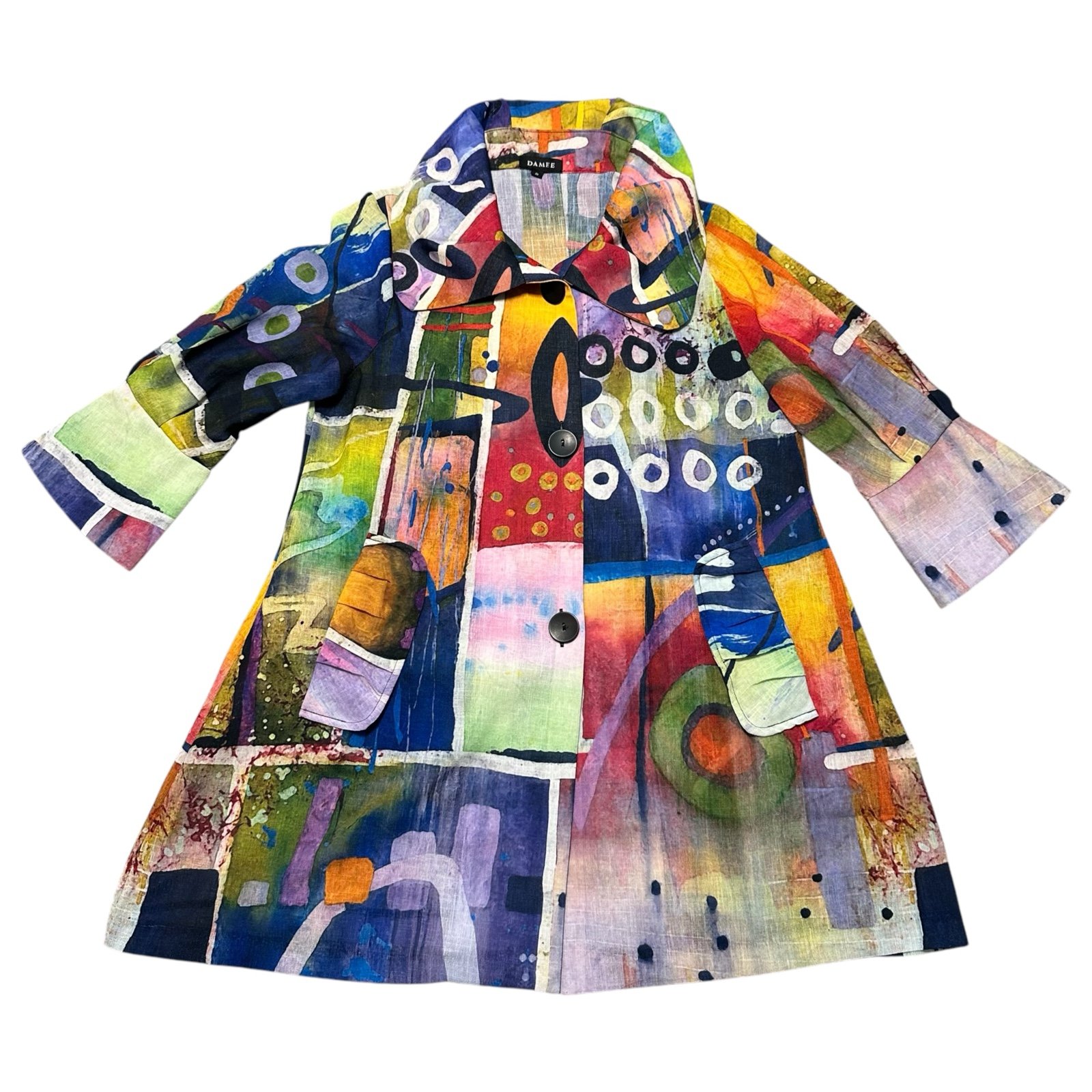 Damee Abstract Watercolor Design Button Swing Jacket, Small
