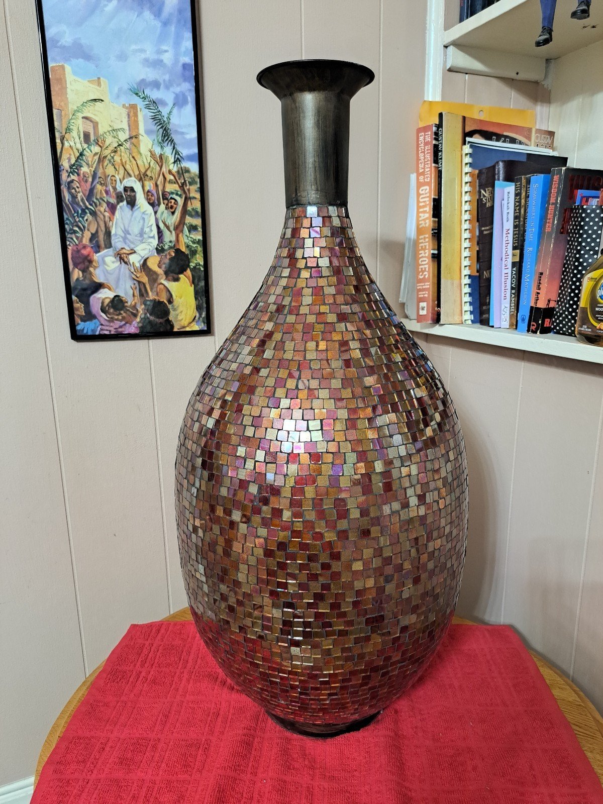 Large 28 Vase Covered in 3/8 mirror Squares. 5 Metal Neck