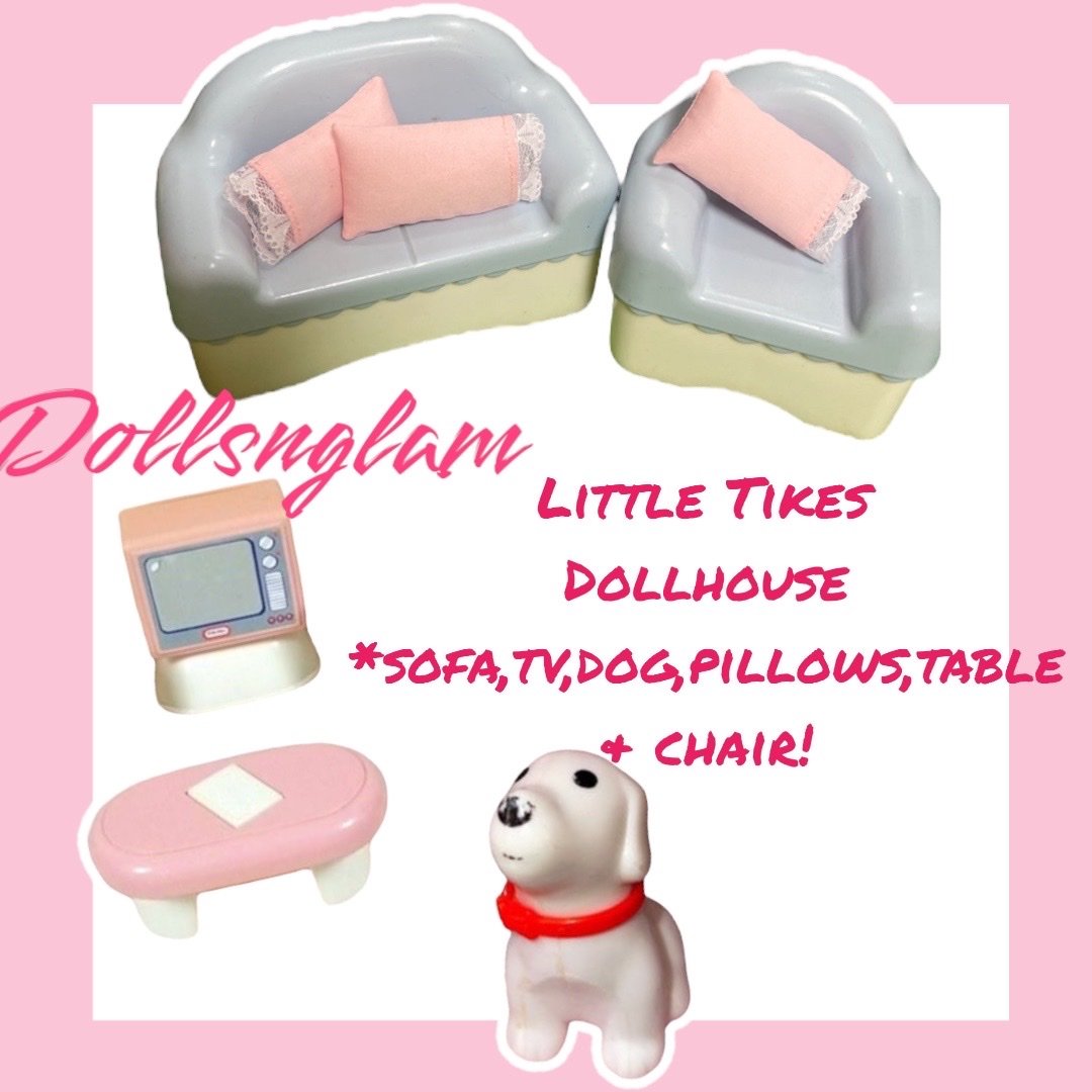 Little Tikes COUCH SOFA chair pink table tv dog SET tv!AMAZING dollhouse PILLOWS