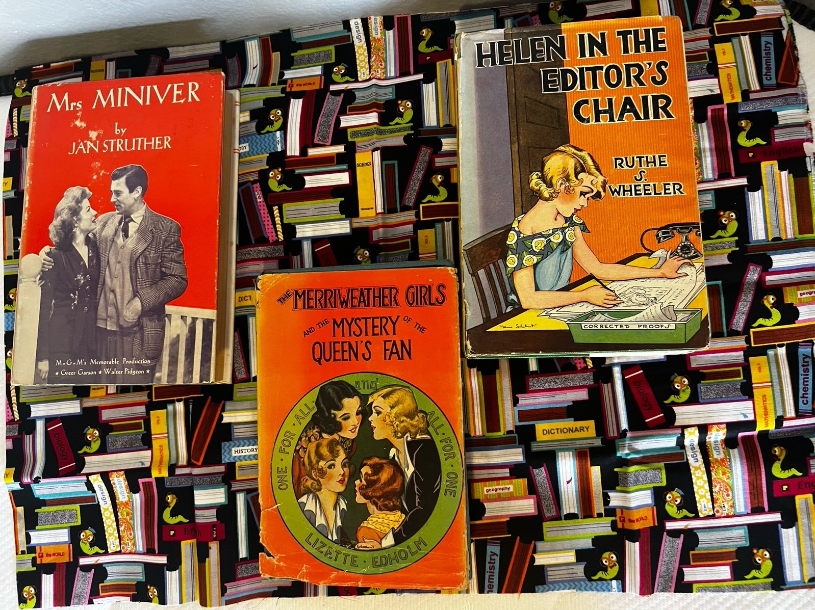 Vintage books Mrs. Miniver, merriweather girls, Helen in editors chair