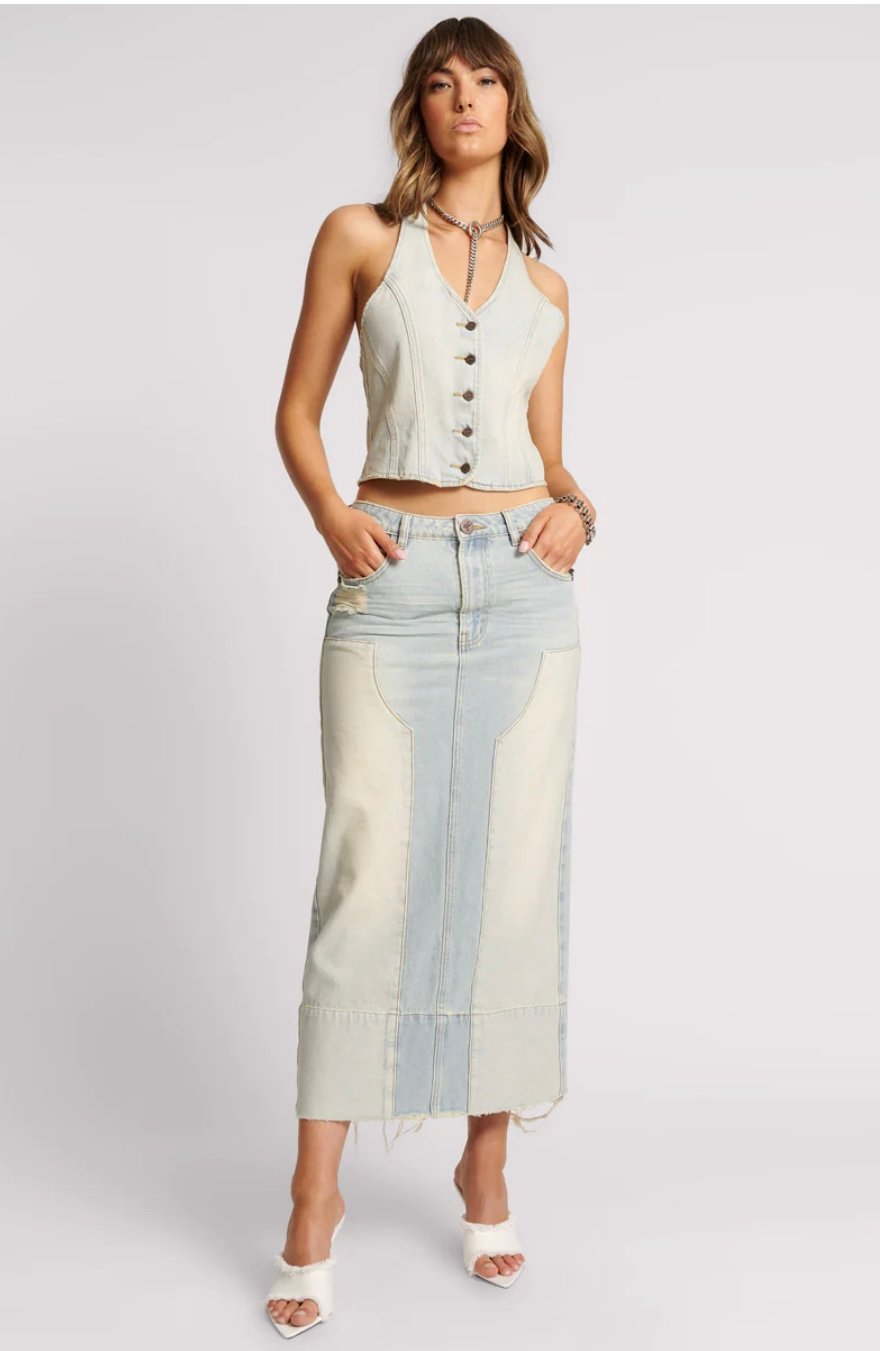One Teaspoon- Cassidy Mid Waist Long Denim Column Denim Skirt - Old West